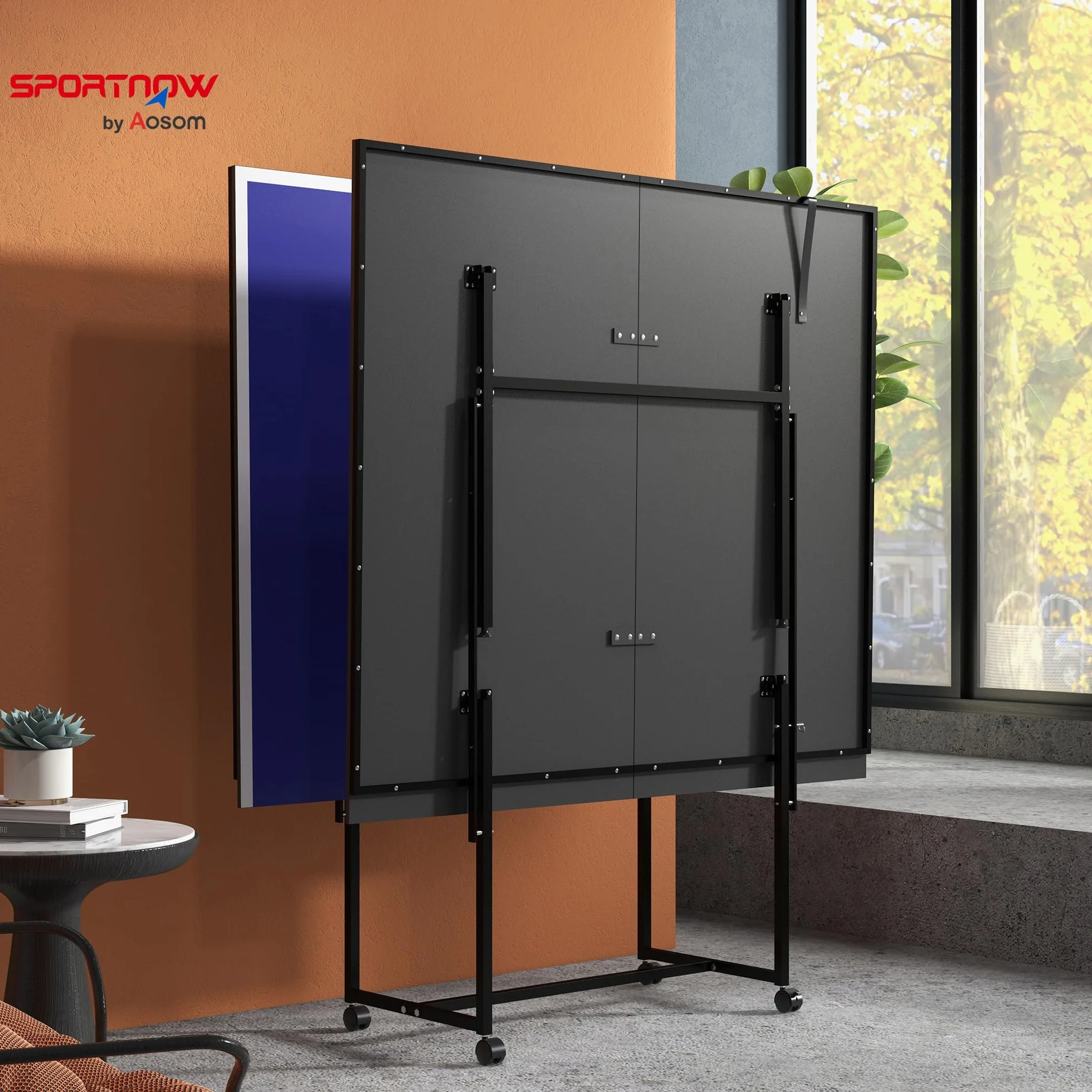 SPORTNOW Mesa de Ping-Pong Plegable Profesional 274x152,5x75,5 cm con 4 Ruedas, 2 Palas, Red y 3 Pelotas Azul