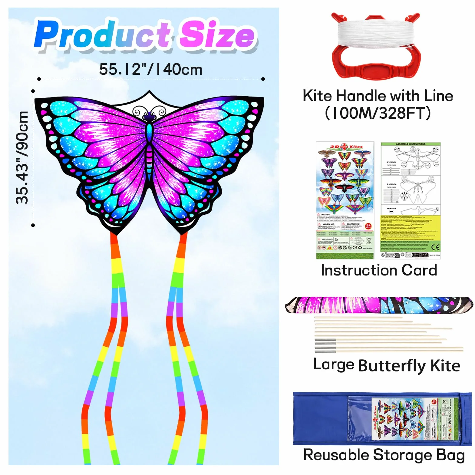 Gran Cometa de Mariposa, Fácil Volar y Montar, Cometas para Niños con Ola Larga para Niños y Adultos Principiantes, para Playa, Viaje, Juegos al Aire Libre