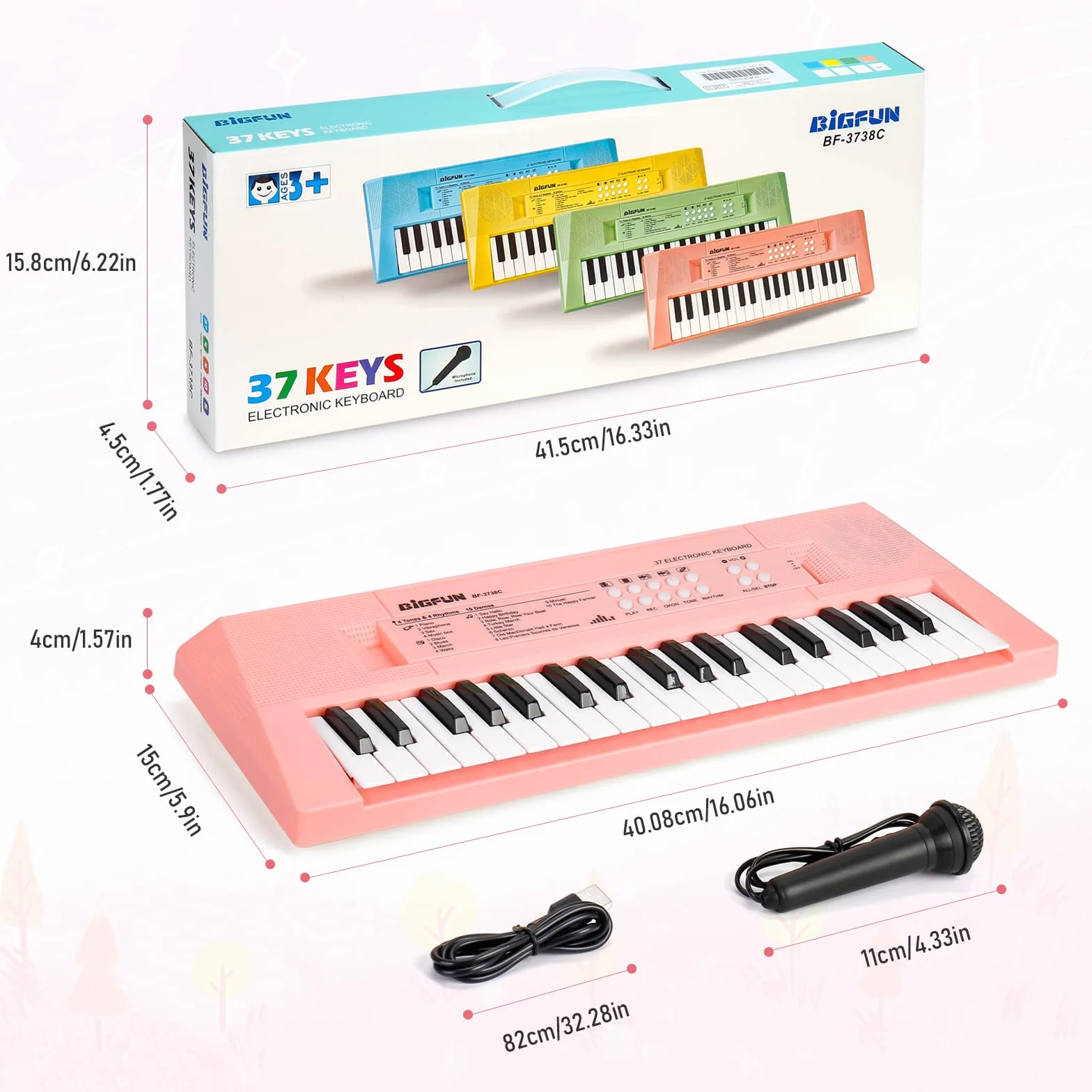 Teclado de Piano Electrónico para Niños y Niñas, 37 Teclas con Micrófono, Portátil para Multifuncional, Ideal para Cumpleaños de 3 a 6 Años (Rosa)