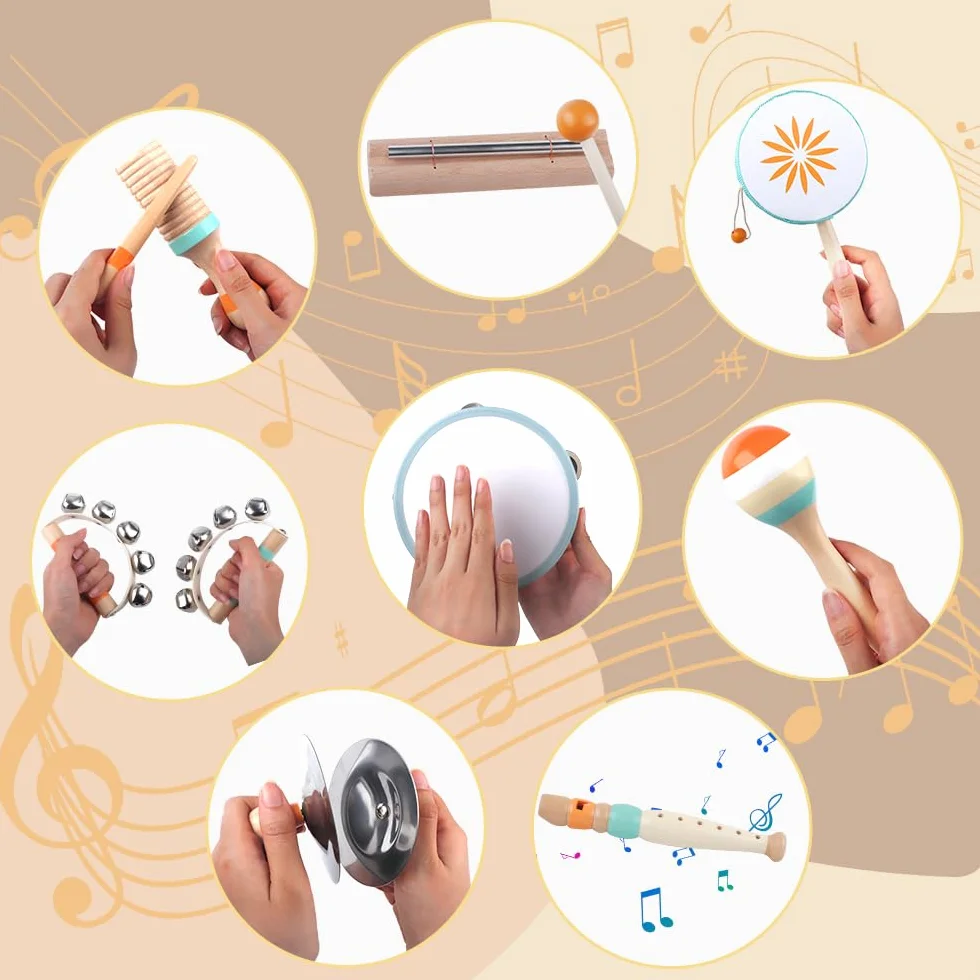Instrumentos Musicales para Bebés - Juguetes de Madera Montessori para Niños de 1 a 3 Años, Instrumentos de Percusión, Cumpleaños (8 en 1)