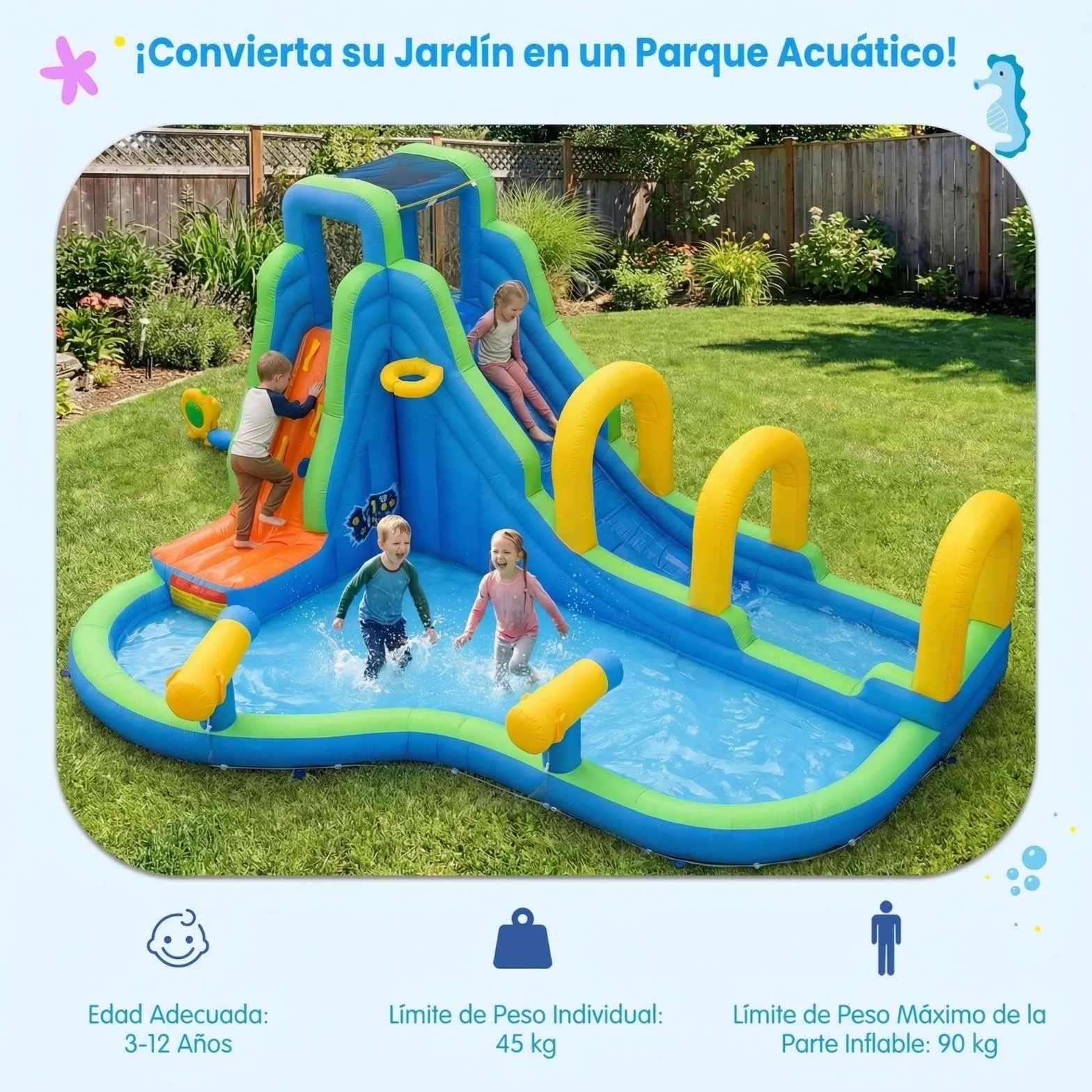COSTWAY Castillo Hinchable para Niños con Tobogán Acuático, 465 x 345 x 242 Castillo Inflable, Colchoneta Hinchable Niños de 3-12 años (con soplador de 850W)