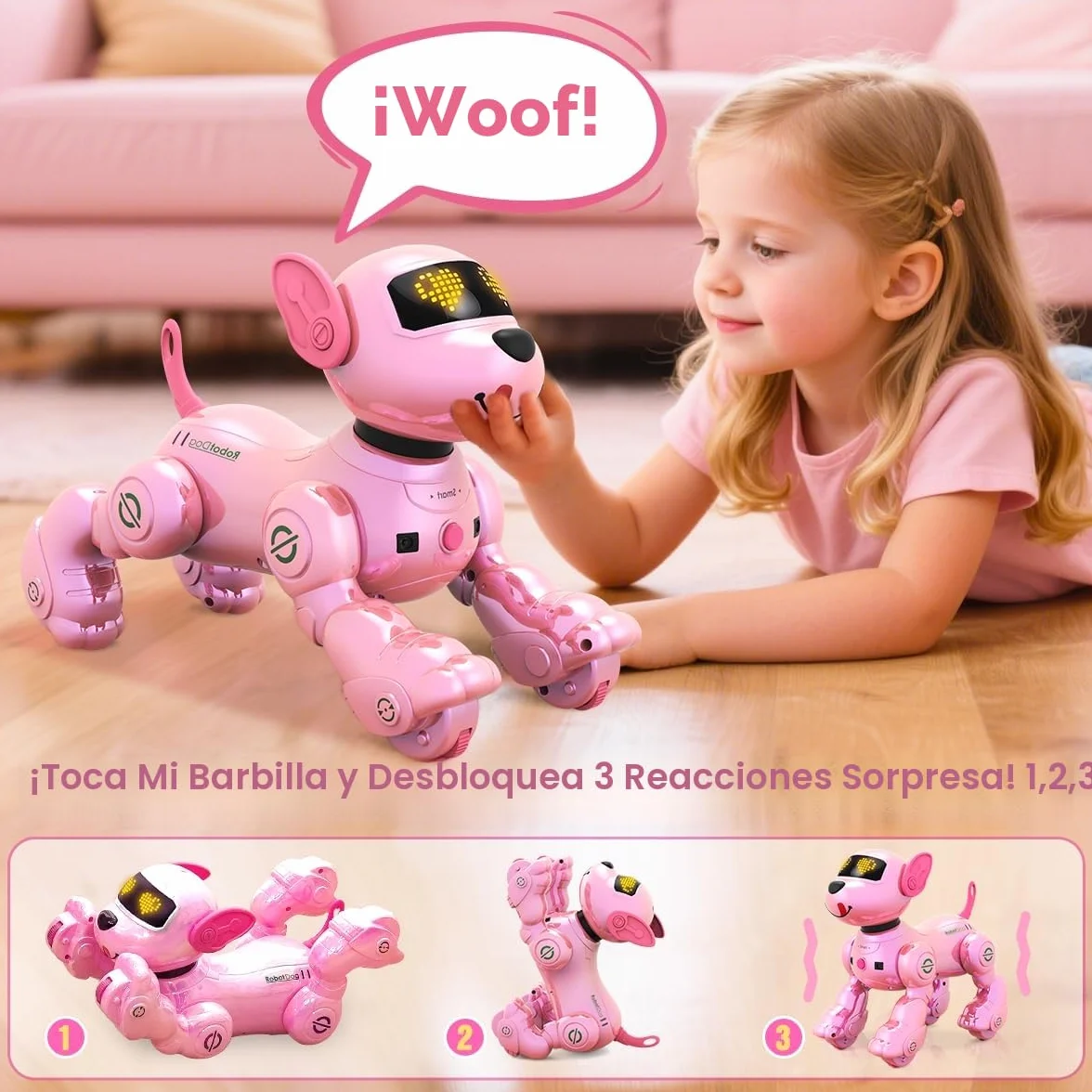 VATOS Perro Robot Recargable para Niños, Perro Robot con Control Remoto, Programable,17 Funciones Interactivas y Volumen Ajustable; Juguete de Cachorro Robot Que Canta y Baila, Regalo para Niñas,Rosa