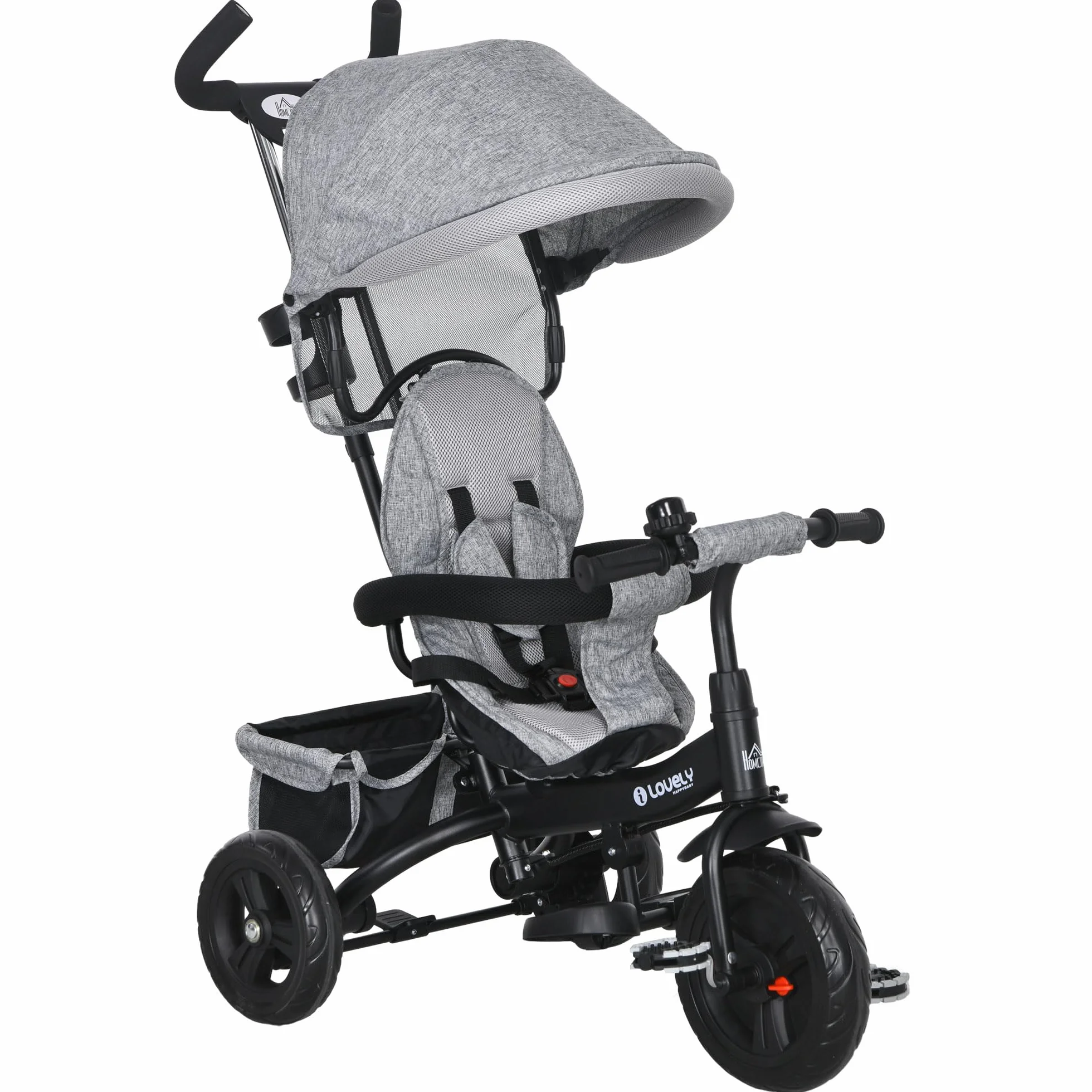 HOMCOM Triciclo Evolutivo para Bebés 6 en 1 Triciclo para Niños de 1-5 Años Bicicleta para Niños con Toldo Plegable Mango Telescópico Desmontable Cinturón de Seguridad y Cesto 95x50x106 cm Gris