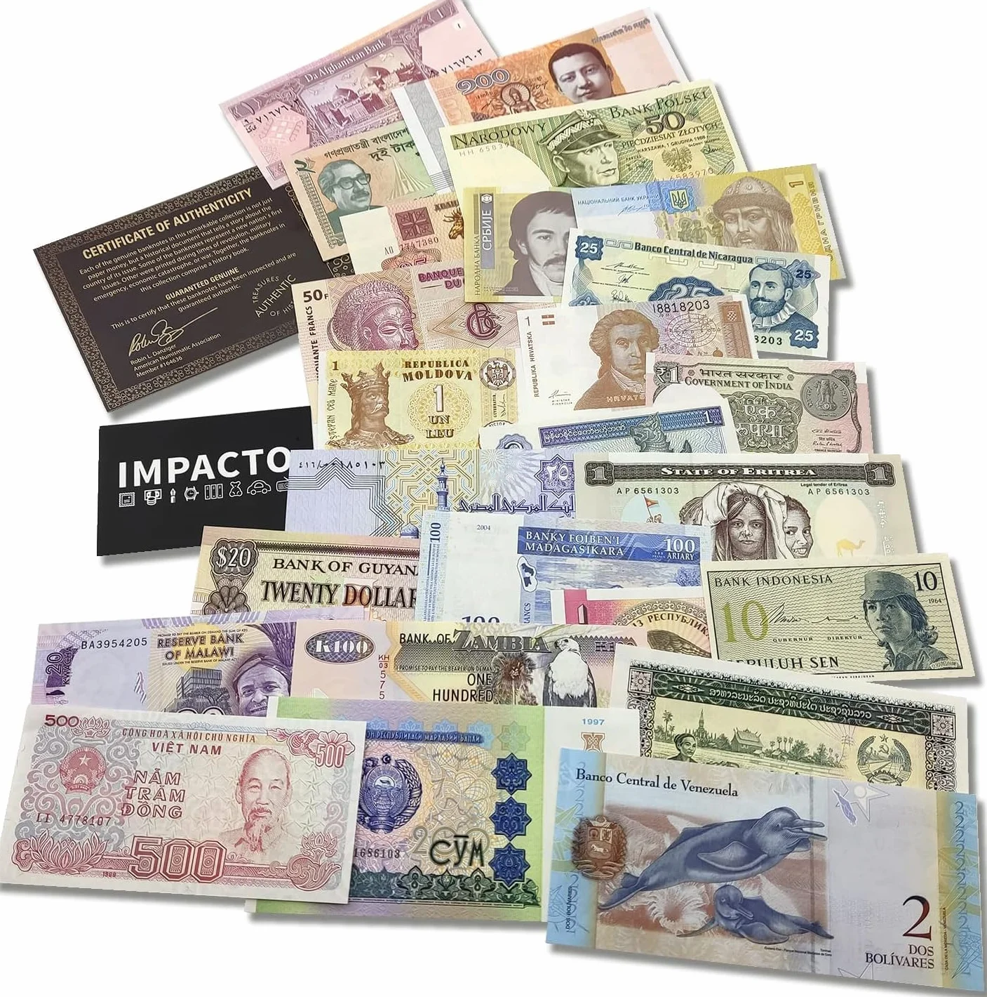 IMPACTO COLECCIONABLES | Colección de 25 Billetes Auténticos de 25 Países Diferentes - Sin Repeticiones, Desmonetizados y Originales | Ideal para Coleccionistas, Incluye Certificado de Autenticidad