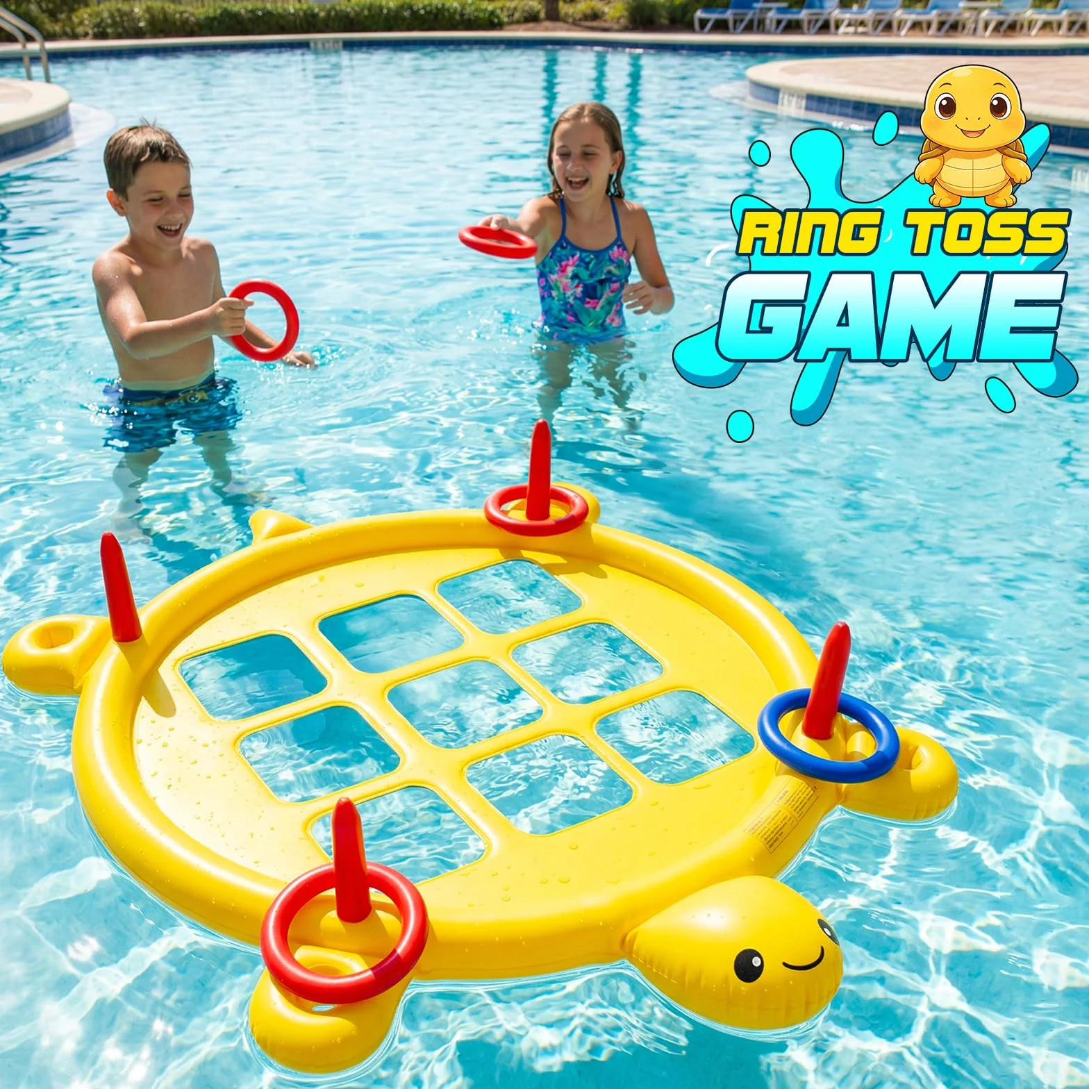 Juego 2 en 1 de Tres en Raya Hinchable con Lanzamiento de Anillas, 10 Pelotas y 10 Anillas, Flotante Gigante con Portavasos
