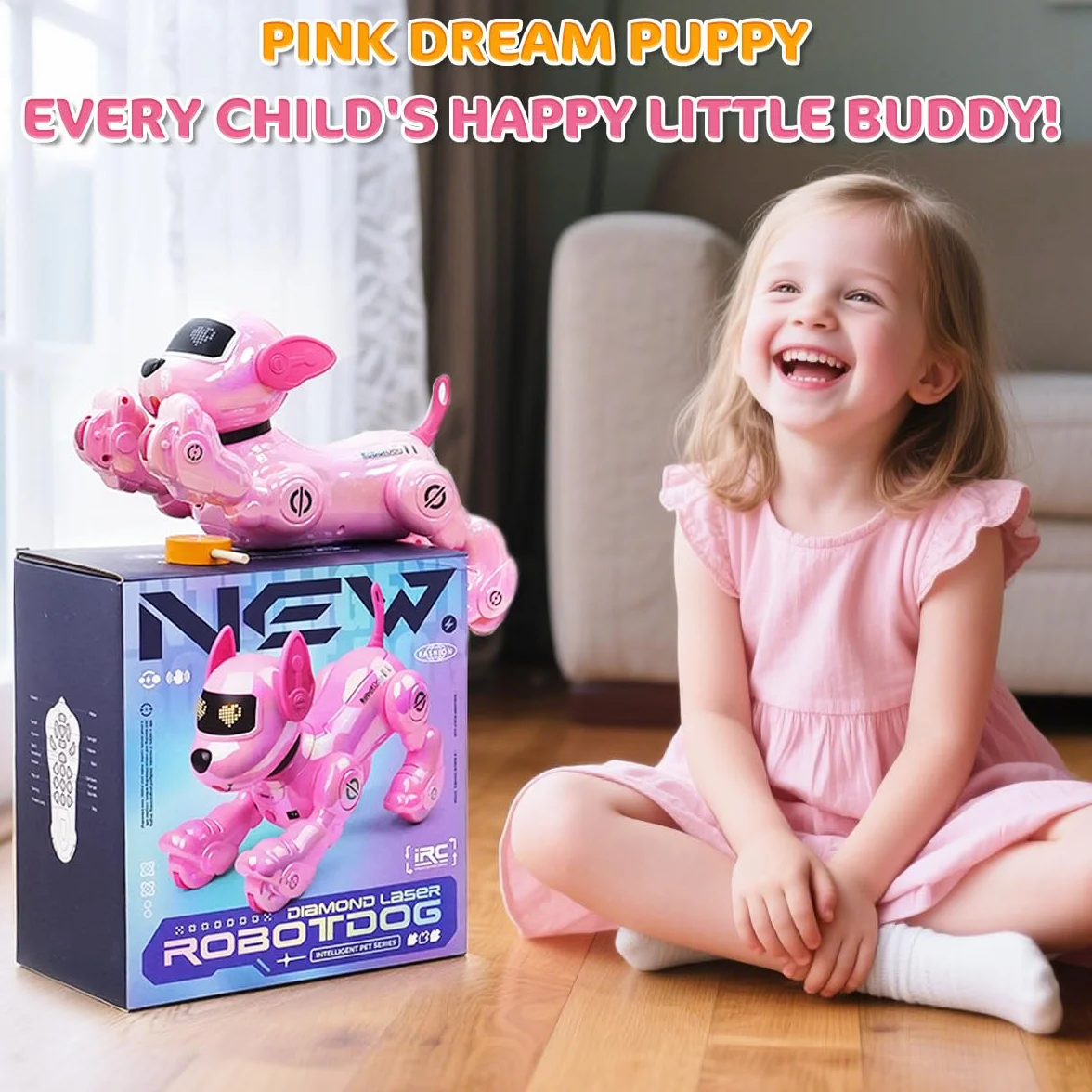 VATOS Perro Robot Recargable para Niños, Perro Robot con Control Remoto, Programable,17 Funciones Interactivas y Volumen Ajustable; Juguete de Cachorro Robot Que Canta y Baila, Regalo para Niñas,Rosa