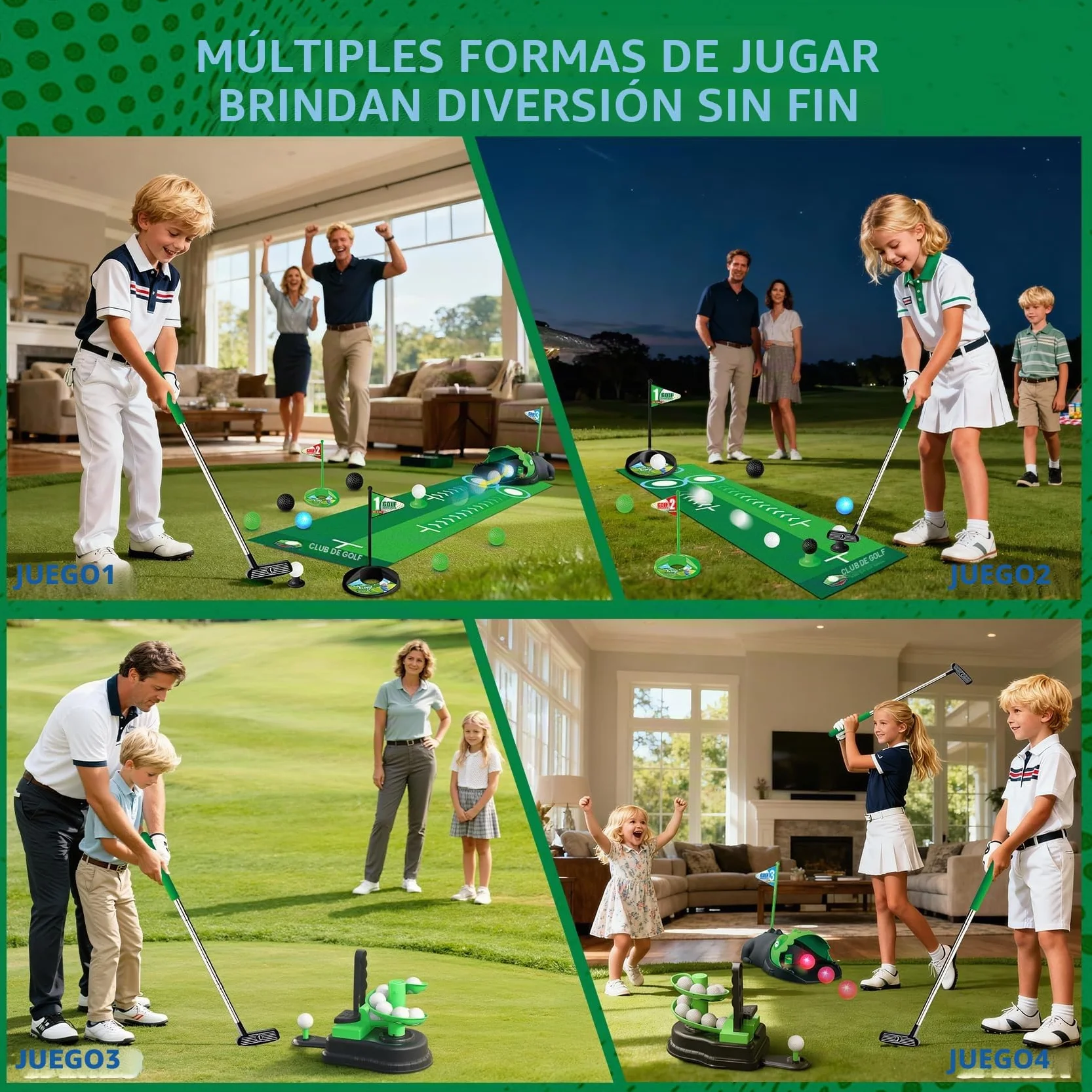 TERRAMUS Juego de Golf Infantil Mejorado, 3 en 1 con Lanzador automático de Pelotas de Dinosaurio y Pelotas con luz LED, minigolf para niños de 3 a 8 años