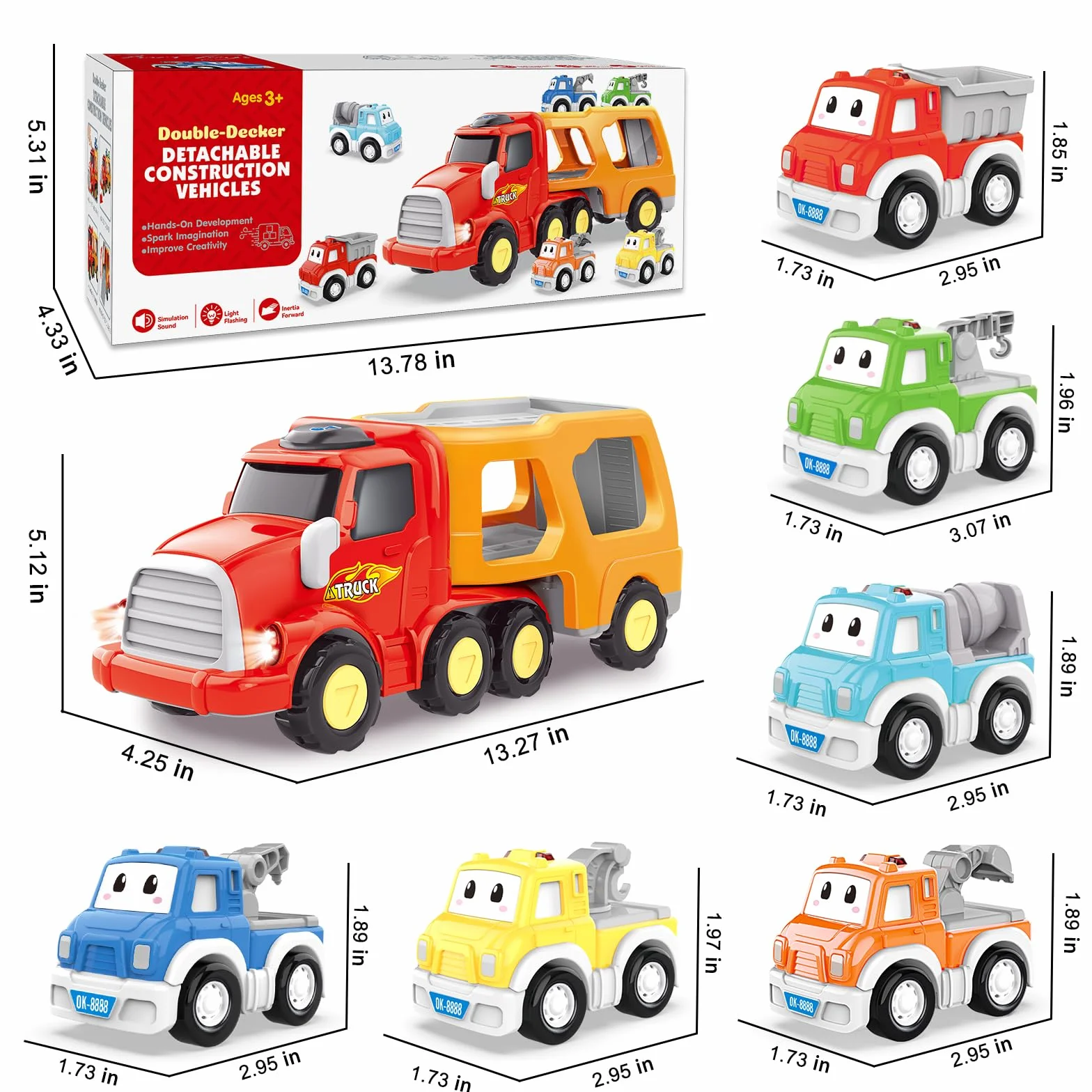 Camión de Juguetes - 7 en 1 Transportador Coches con Luces y Sonidos - Regalo para Niños 1-4 Años