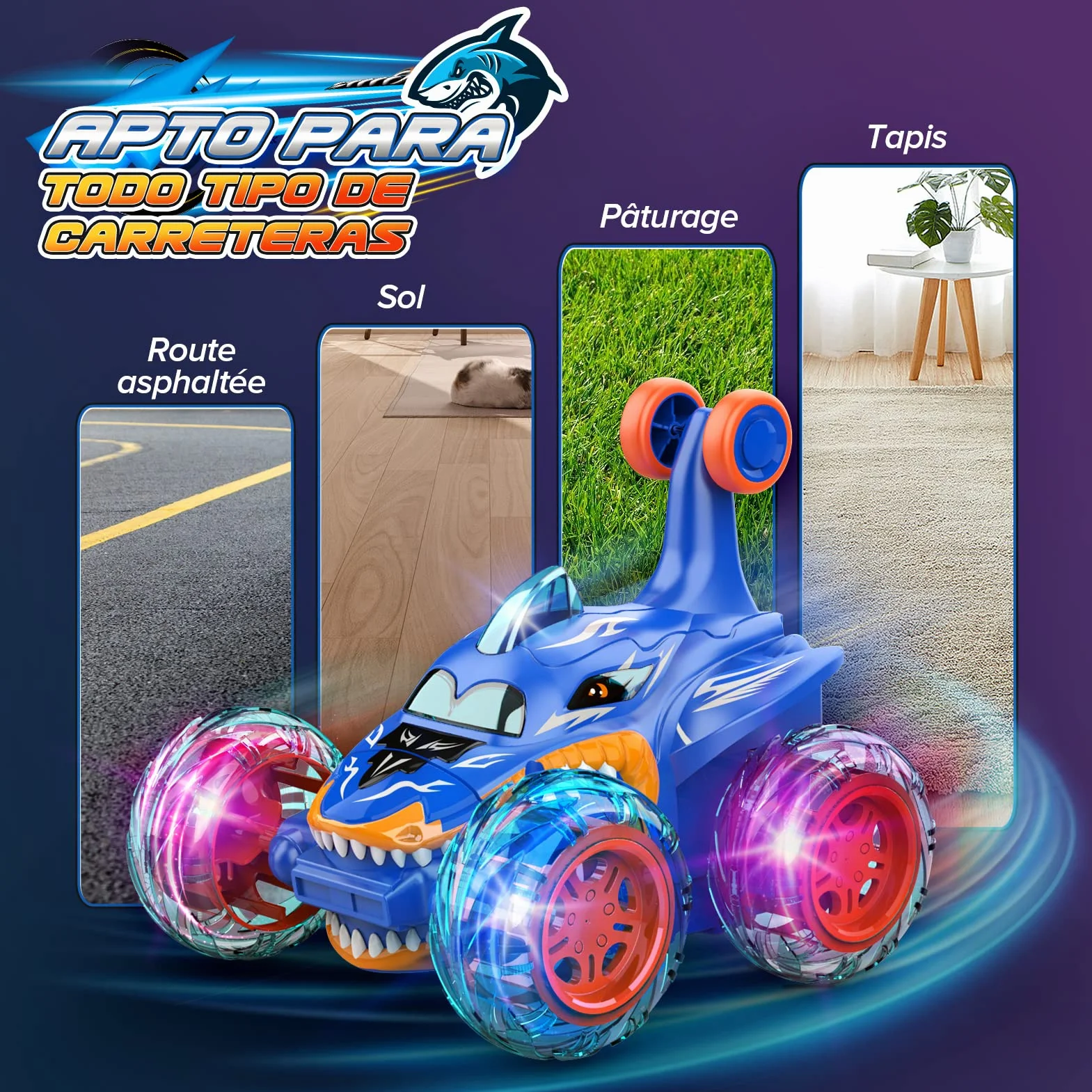Coche Teledirigido 2.4GHz 4WD LED Monster Truck, Juguetes para Niños Azul