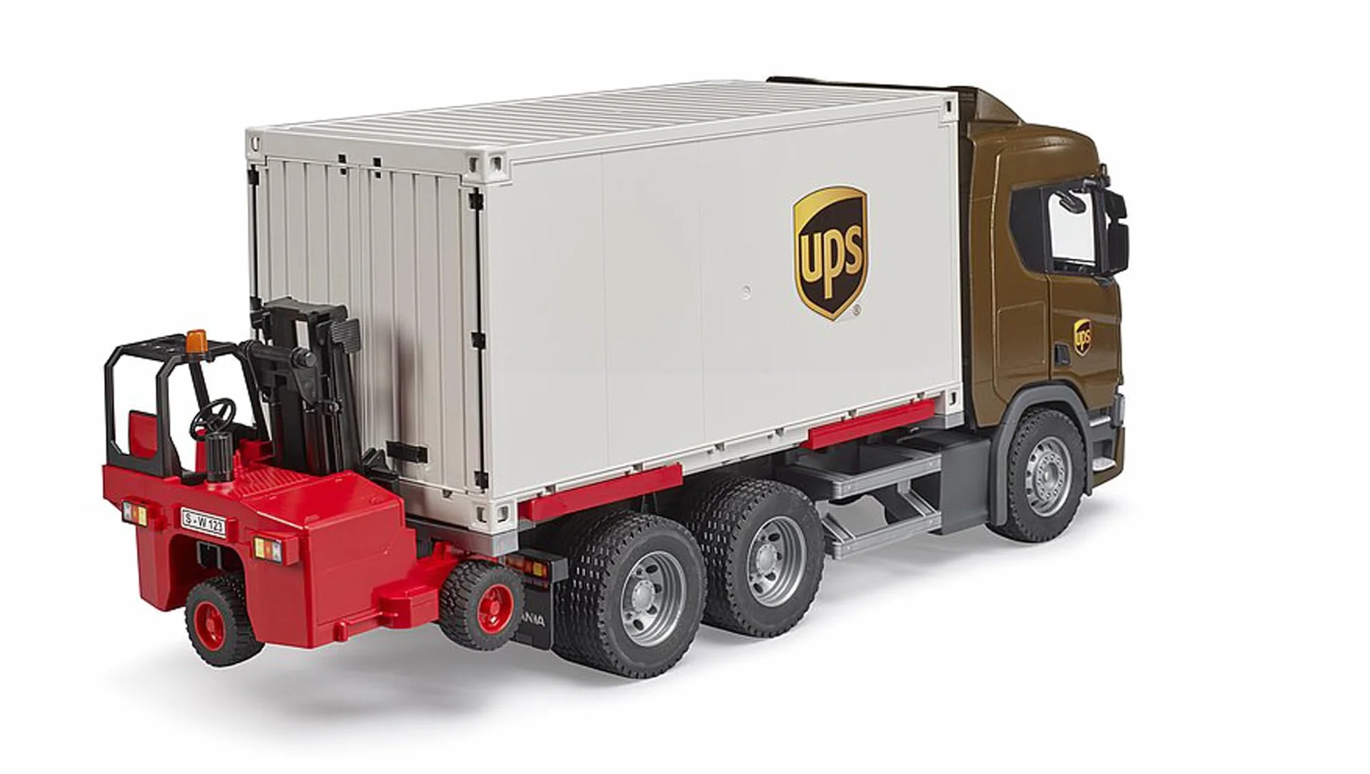Bruder - 03582 - Scania Super 560R Camión logístico UPS con Carretilla elevadora, vehículos, paquetería, Transporte, Carretilla elevadora, transportador, Juguetes a Partir de 4 años | Con carretilla elevadora, repartidor de paquetes, empresa de transporte