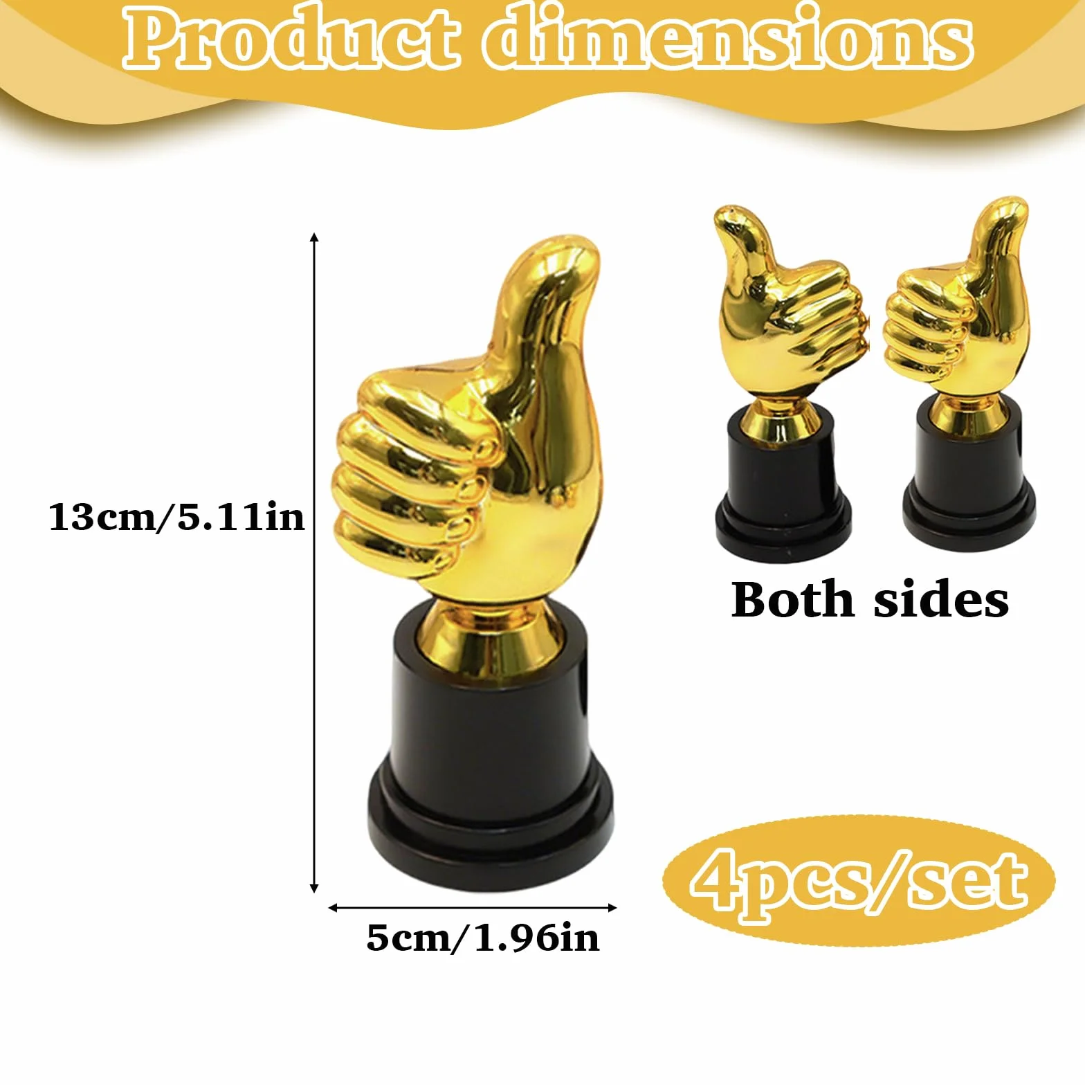 Mini Trofeo Dorado Plástico 13 x 5 cm Copa de Oro Forma del Pulgar 4 Piezas