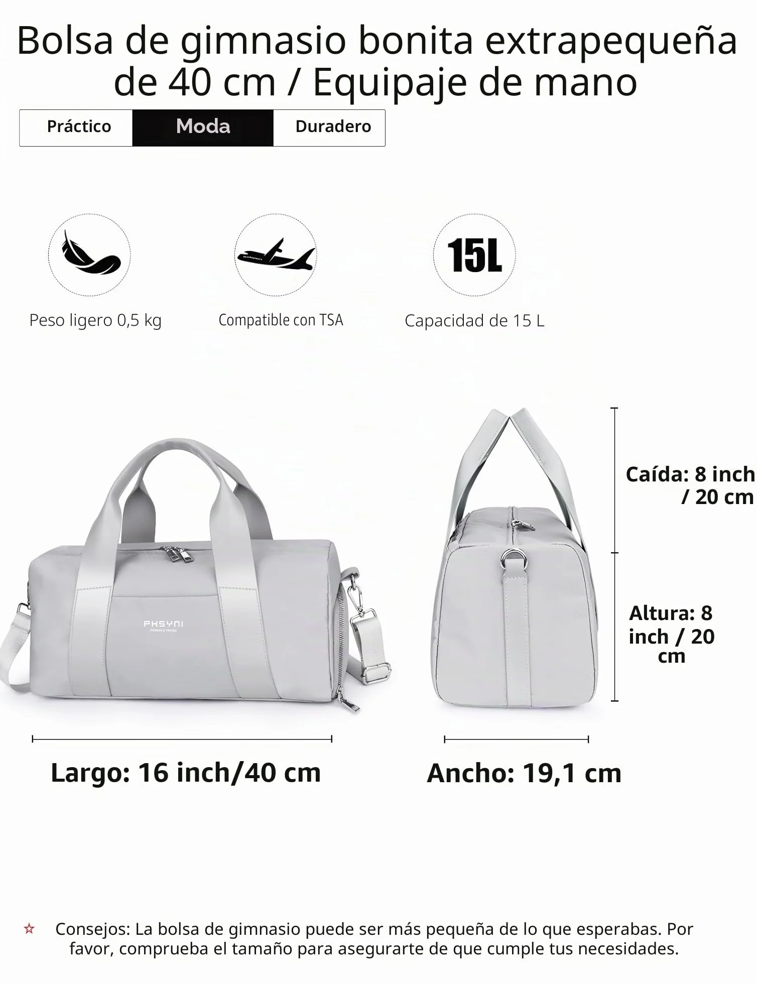 Bolsa de Deporte Pequeña para Mujeres, Niñas y Niños, Fitness, Entrenamiento, Baile, Ballet, Natación con Zapatero Independiente y Bolsillo Impermeable, Gris, 40x19x20 cm, 15L