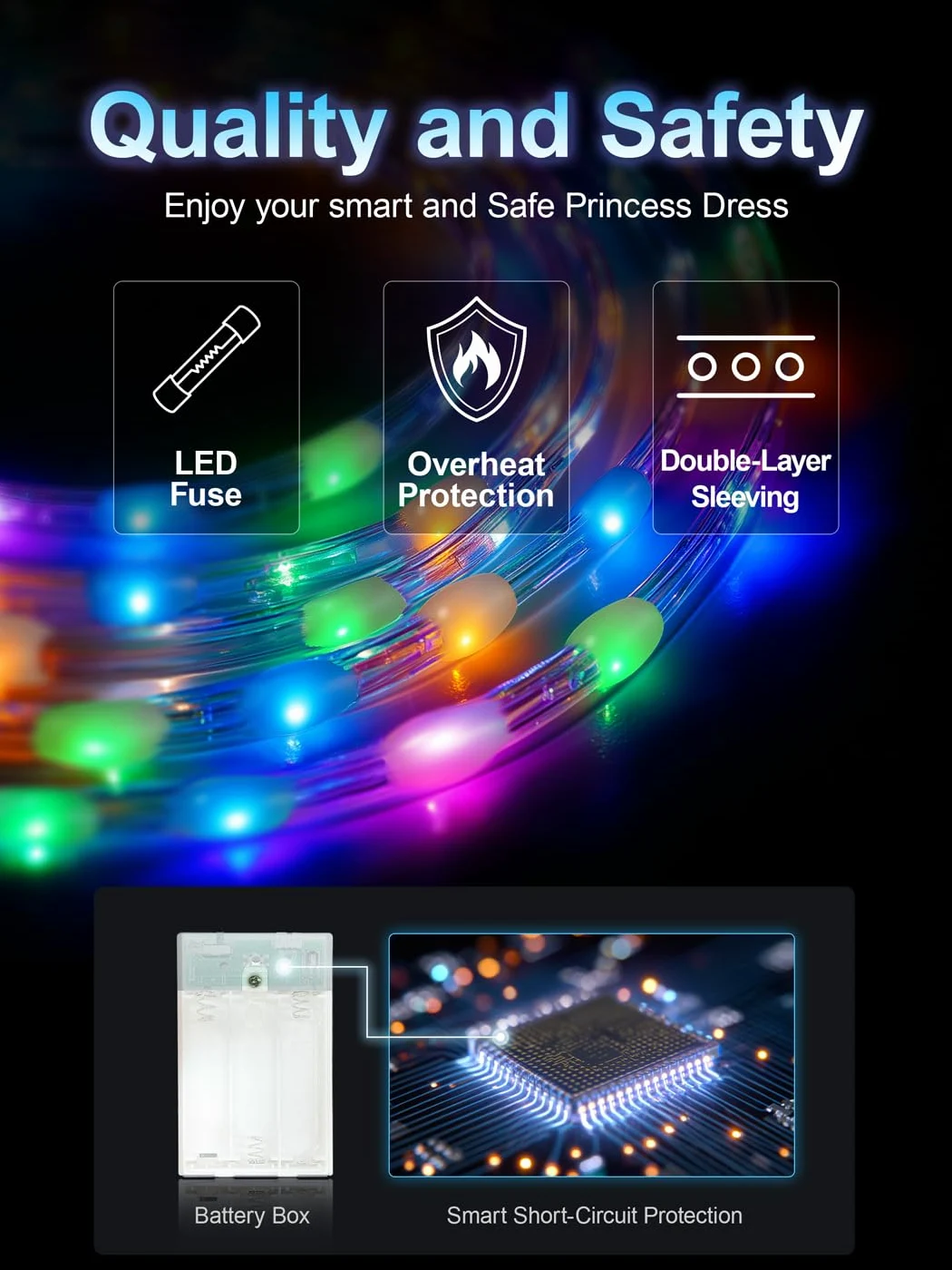 Disfraz de niña, sincronización con Bluetooth, aplicación musical, funcionalidad, vestido de princesa, con peluca, corona, collar, cetro, RGB LED luminoso, vestido de princesa de fiesta para Halloween