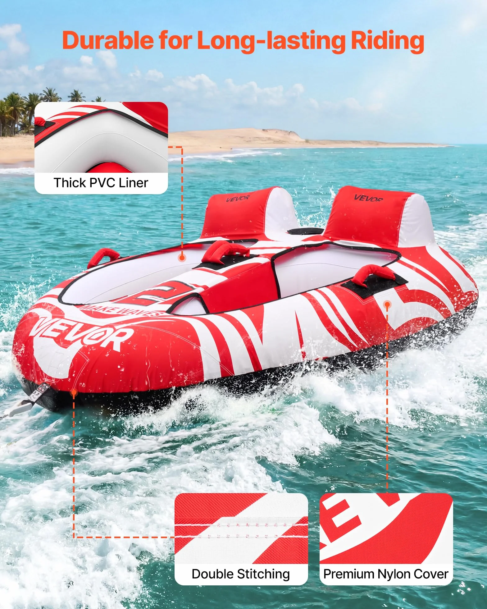 VEVOR Flotador de Arrastre Inflable para Deportes Acuáticos 163 x 160 x 56 cm, 2 Personas, 154 kg, Rojo