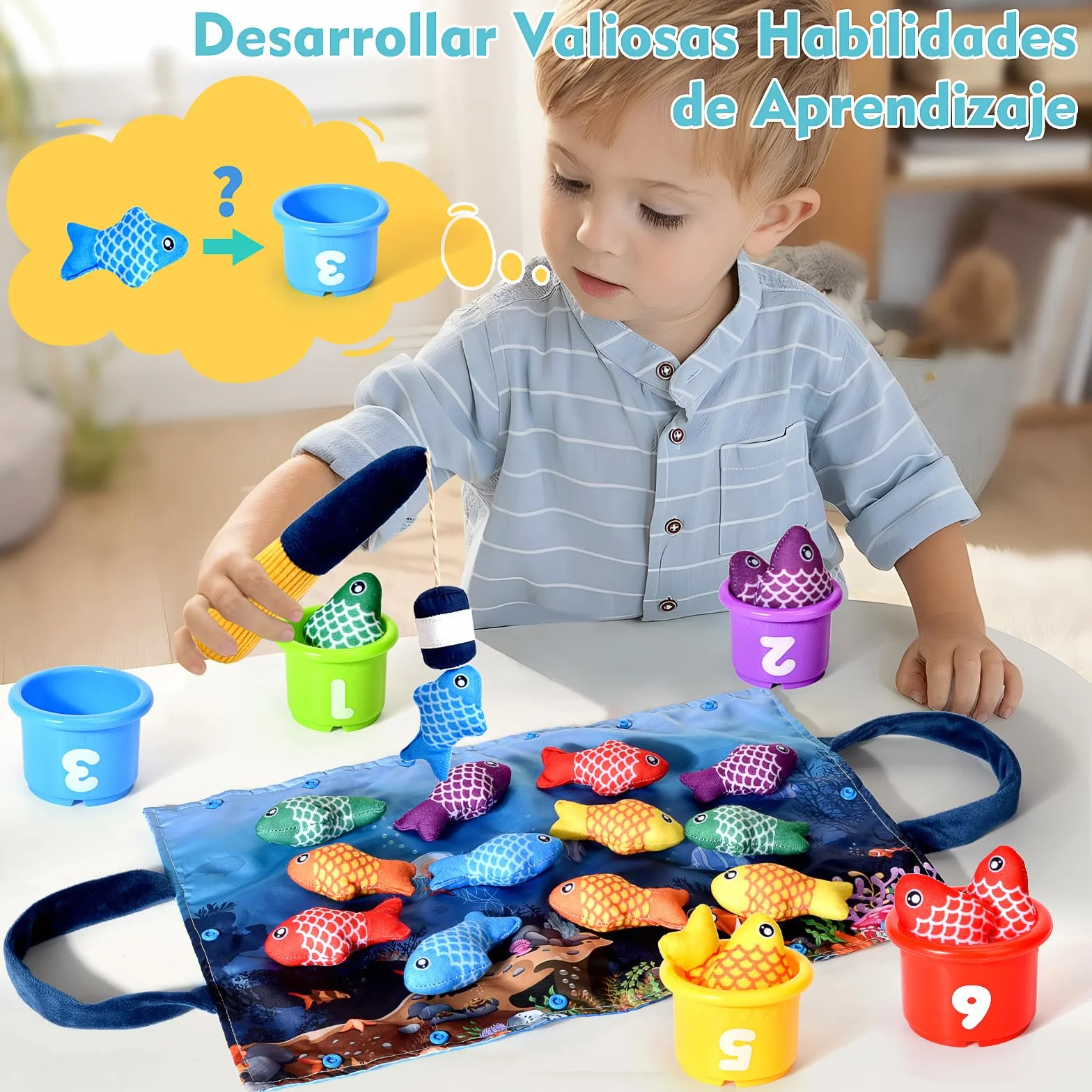 Juguetes Niños 1 Año Montessori, 20 Piezas Juego Pesca de Tela con Taza Apilables, Almacén Bolsa, Educativos Juguetes Bebes 6-12 Meses, Regalo Bebe 1 2 Año