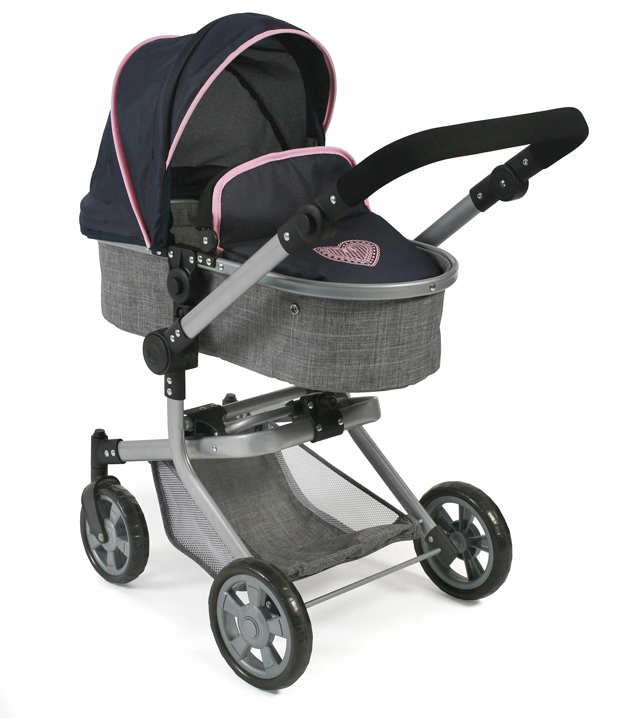 Bayer Chic 2000 - Cochecito de muñecas Mika, 2 en 1 para niños de 4 a 8 años, Color Gris y Azul Marino
