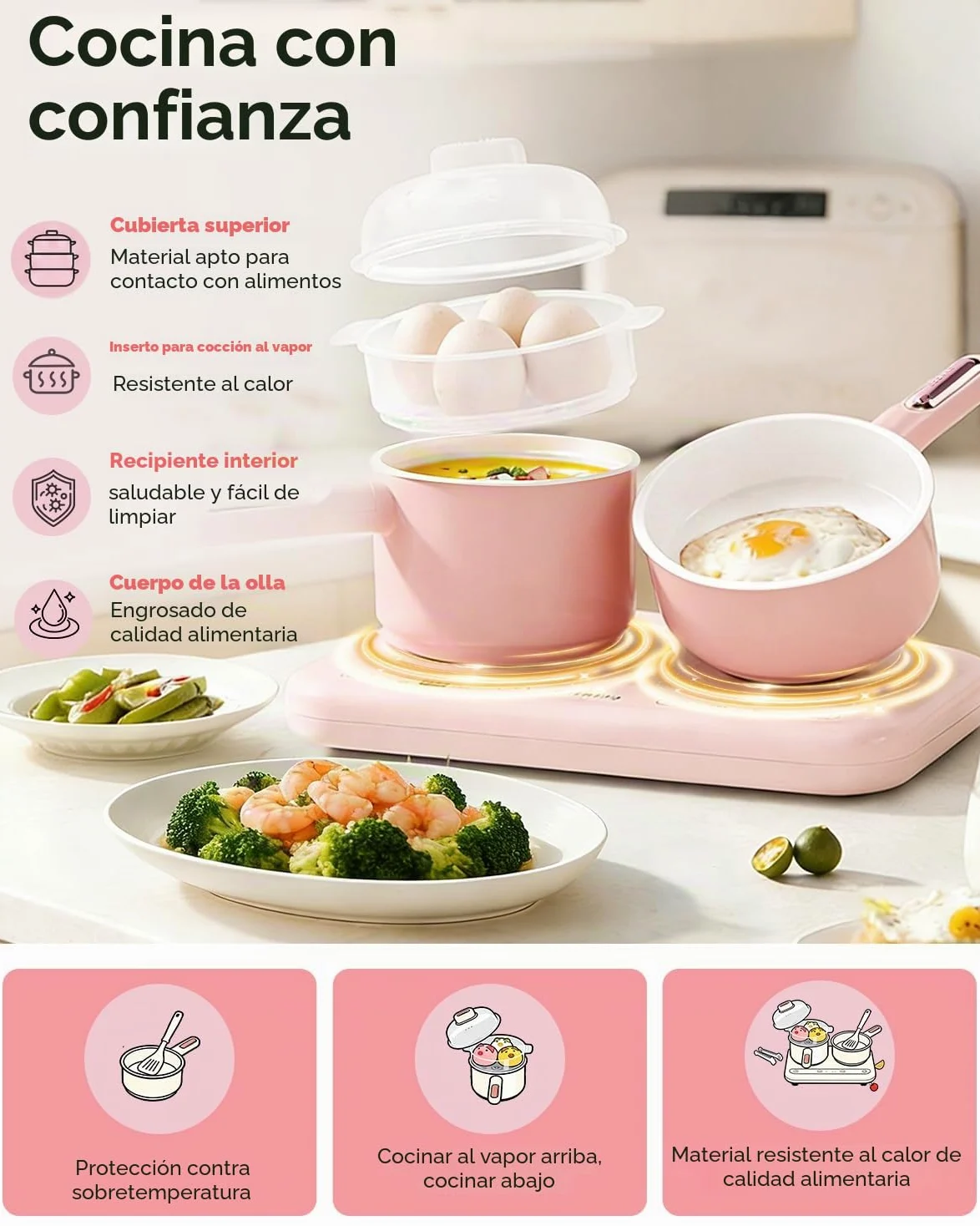 BICRET Juego de Cocina Eléctrica para Niños con Doble Fuego, Accesorios Completos, Incluye Utensilios de Cocina y Cuchillo de Chef Seguro, para Niños de 8 a 12 Años (Rosa)