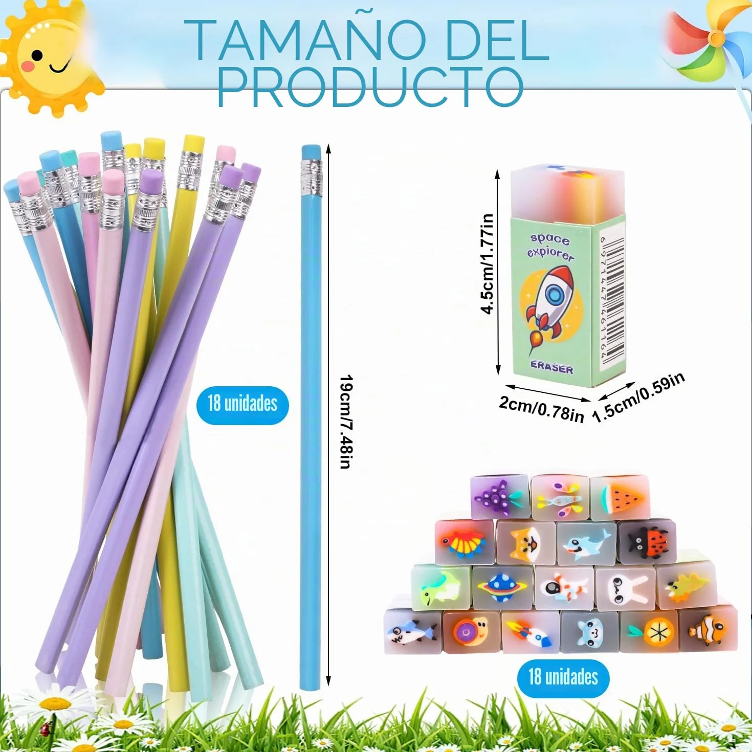 36 Piezas Lápices Infantiles con Borrador, Regalos para Cumpleaños Infantiles, 18 Borradores Divertidos 18 Lápices, Gomas de Borrar Divertidas para Niños y Niñas, Útiles Escolares