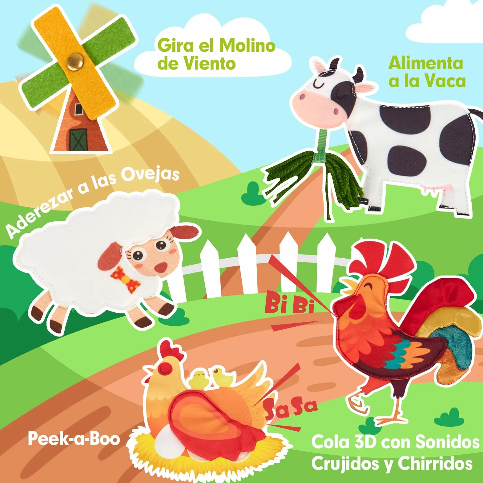 hahaland Libro Montessori 1 año - 20 en 1 Busy Board de Actividad, Libro Interactivo Juguetes Montessori para Niños 1 2 3 años - 10 Páginas Animales Granja