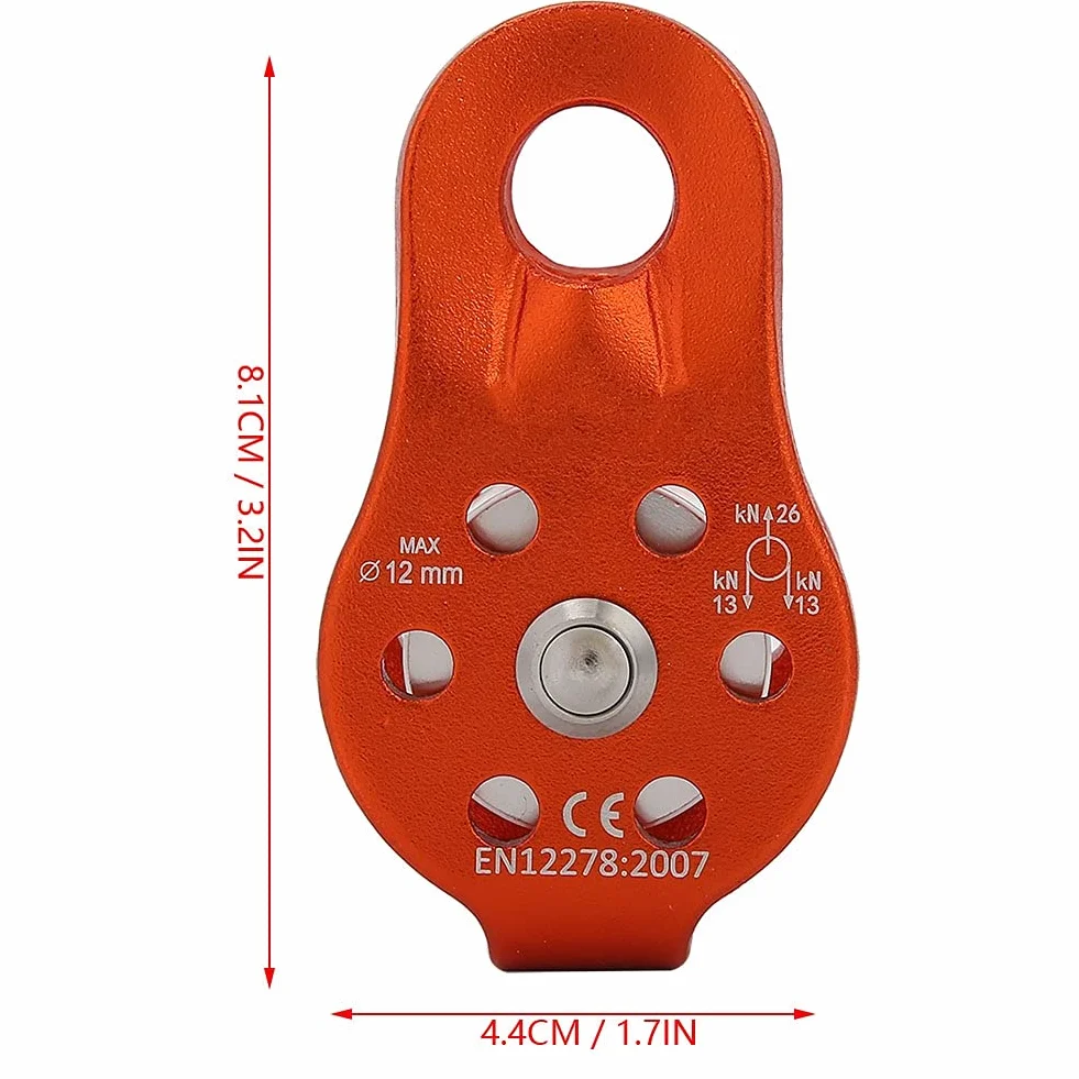 Polea de Escalada 26 KN Bloque de Polea de Cuerdas de Aluminio Mini Rescate Simple para Cuerdas de 12mm (Naranja)
