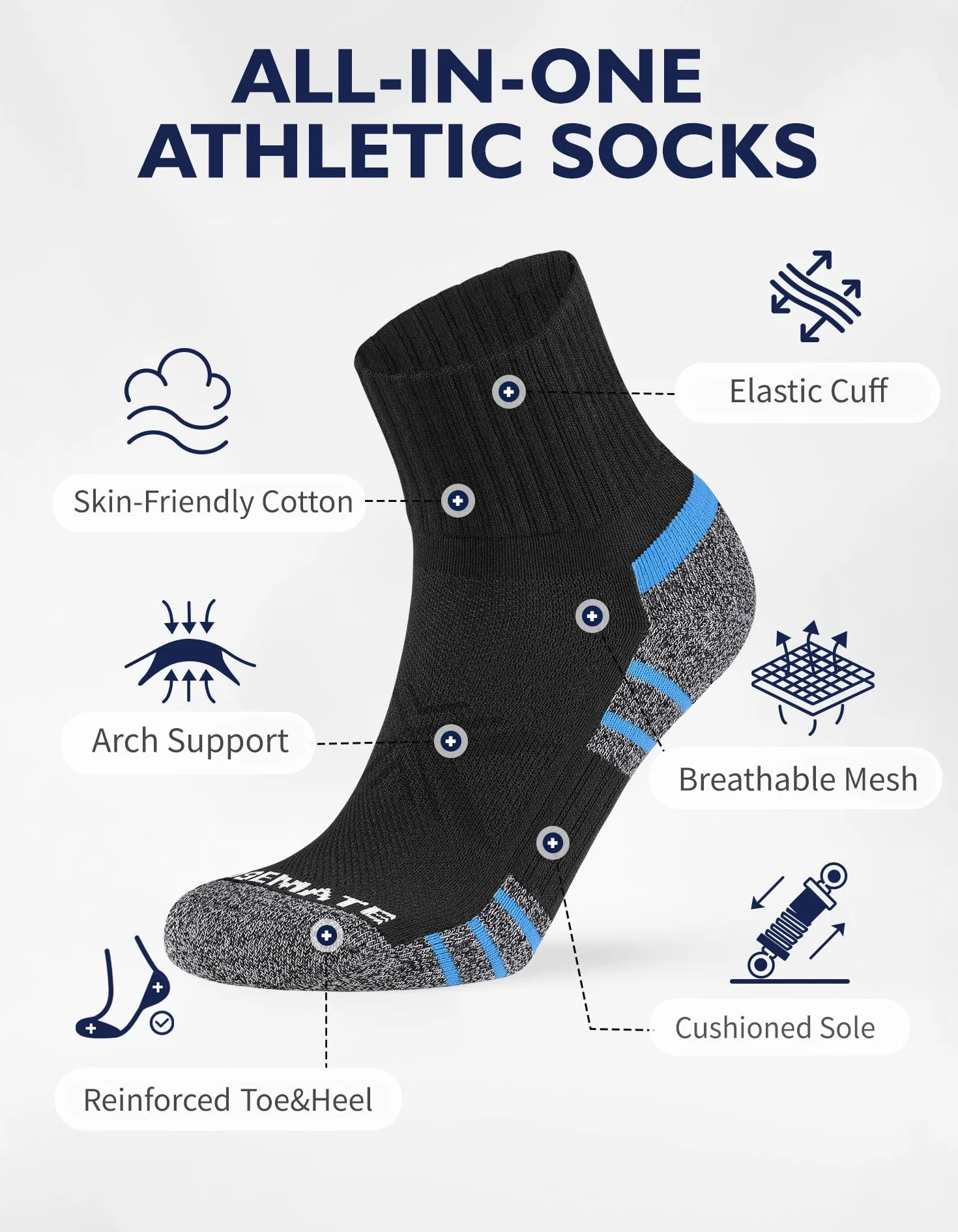 CLOSEMATE Calcetines Deporte Hombre Tobilleros 6 Pares Acolchados Algodón Transpirables Antiampollas Running Negros Blancos 39-42 43-46 47-50