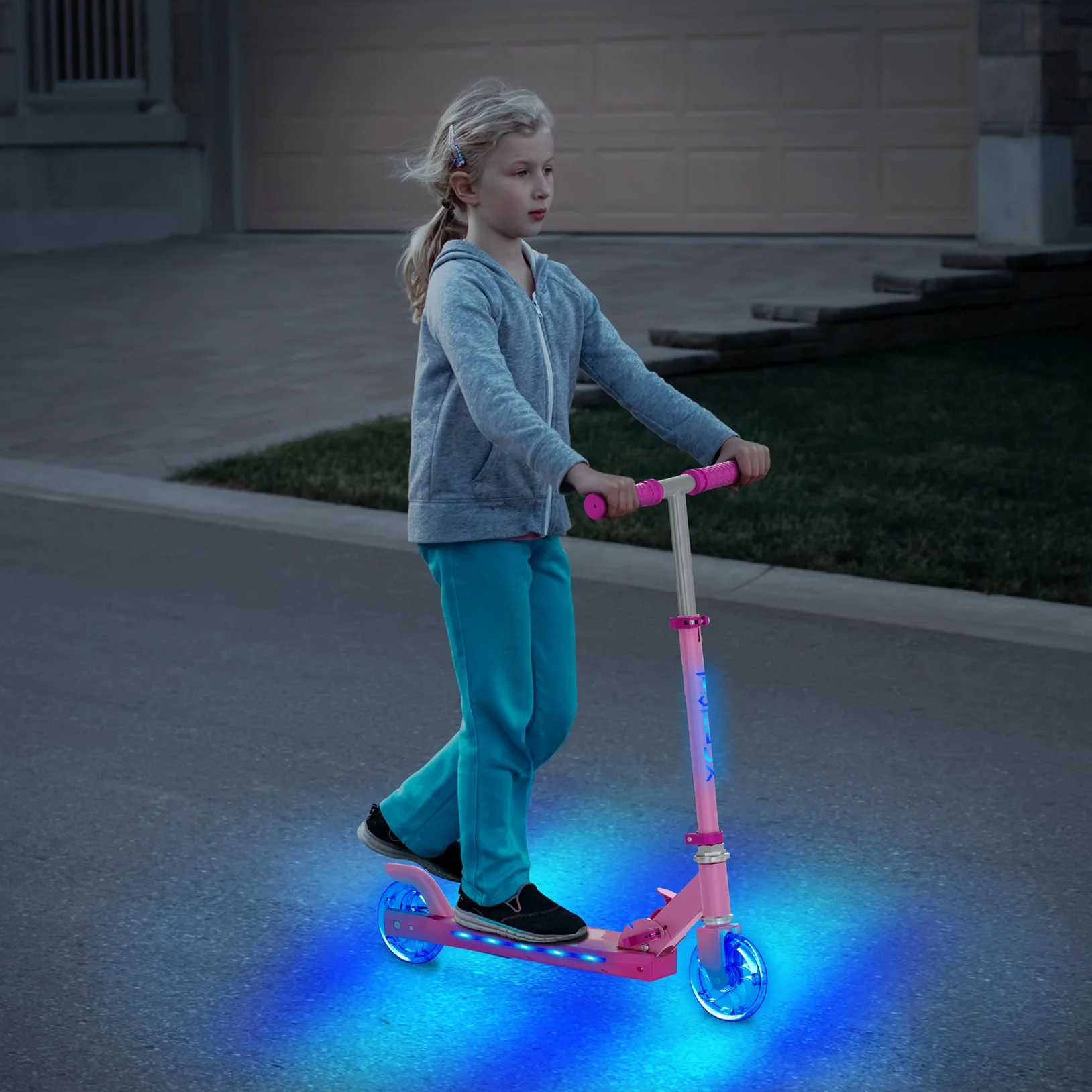TONBUX Patinete Niños de 5 a 12 Años, Patinete Niños con Poste de Iluminación Fresco, Ruedas y Plataforma, Patinete de Altura Ajustable de Nivel 4, Patinete Ligero Plegable