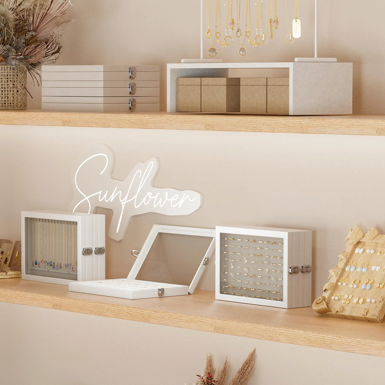 Lolalet Bandeja Organizadora para Collares con Tapa, 18 ganchos para Joyas Caja de Almacenamiento para Cajón -Beige