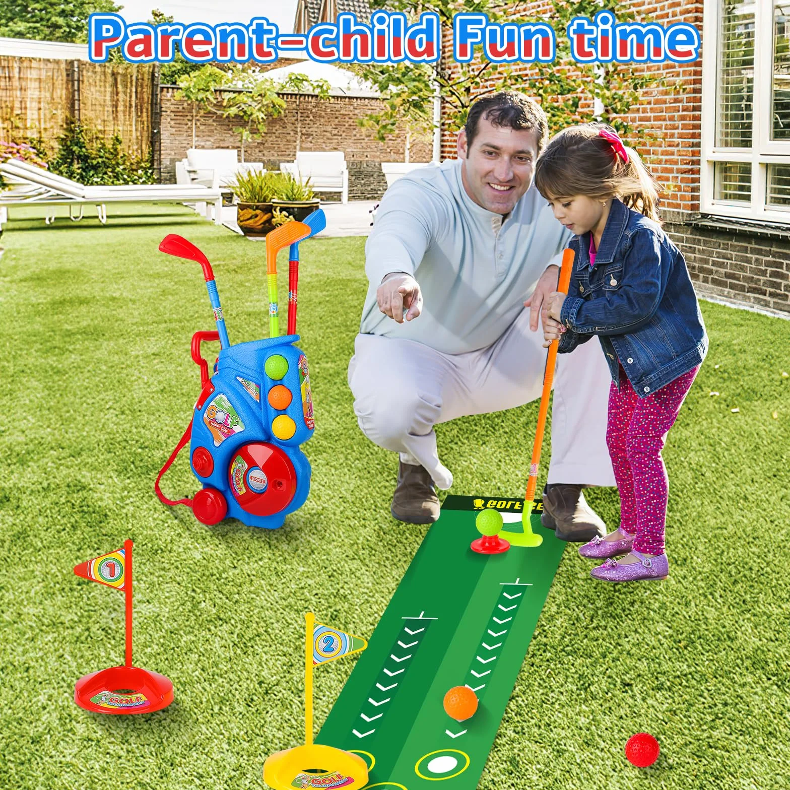 deAO Juego de Golf para Niños con Carrito Almacenamiento, 18 Pcs Golf Set, 4 Palos, 6 Pelotas, 2 Hoyos, Alfombrilla Putting - Juguetes Deportivos Interior Exterior Regalo Niñas Niños 3-6 Años (Azul)