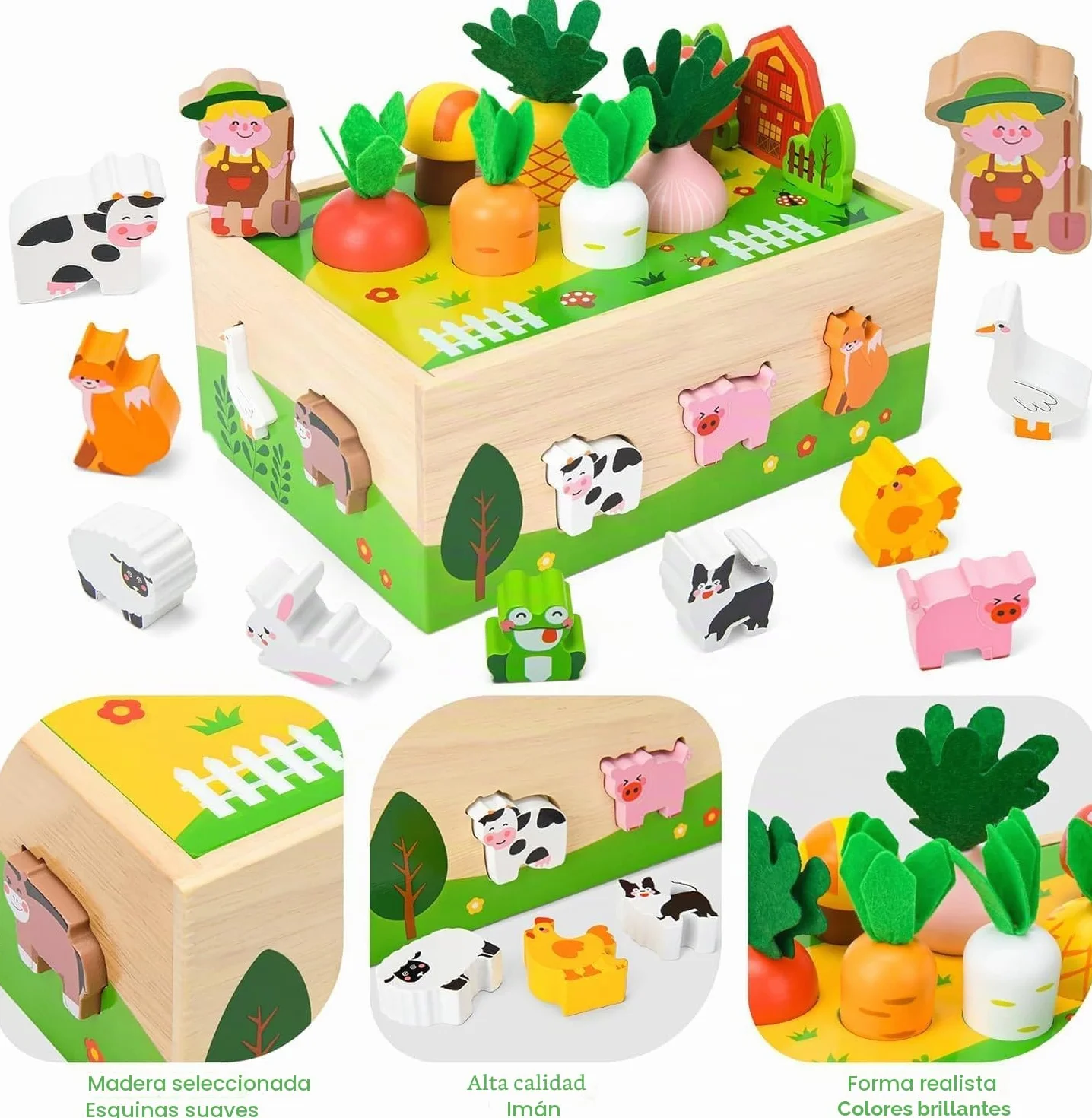 Montessori Juguete de madera para niños de 1, 2 y 3 años, juego de granja con animales y verduras, regalo para niñas y niños