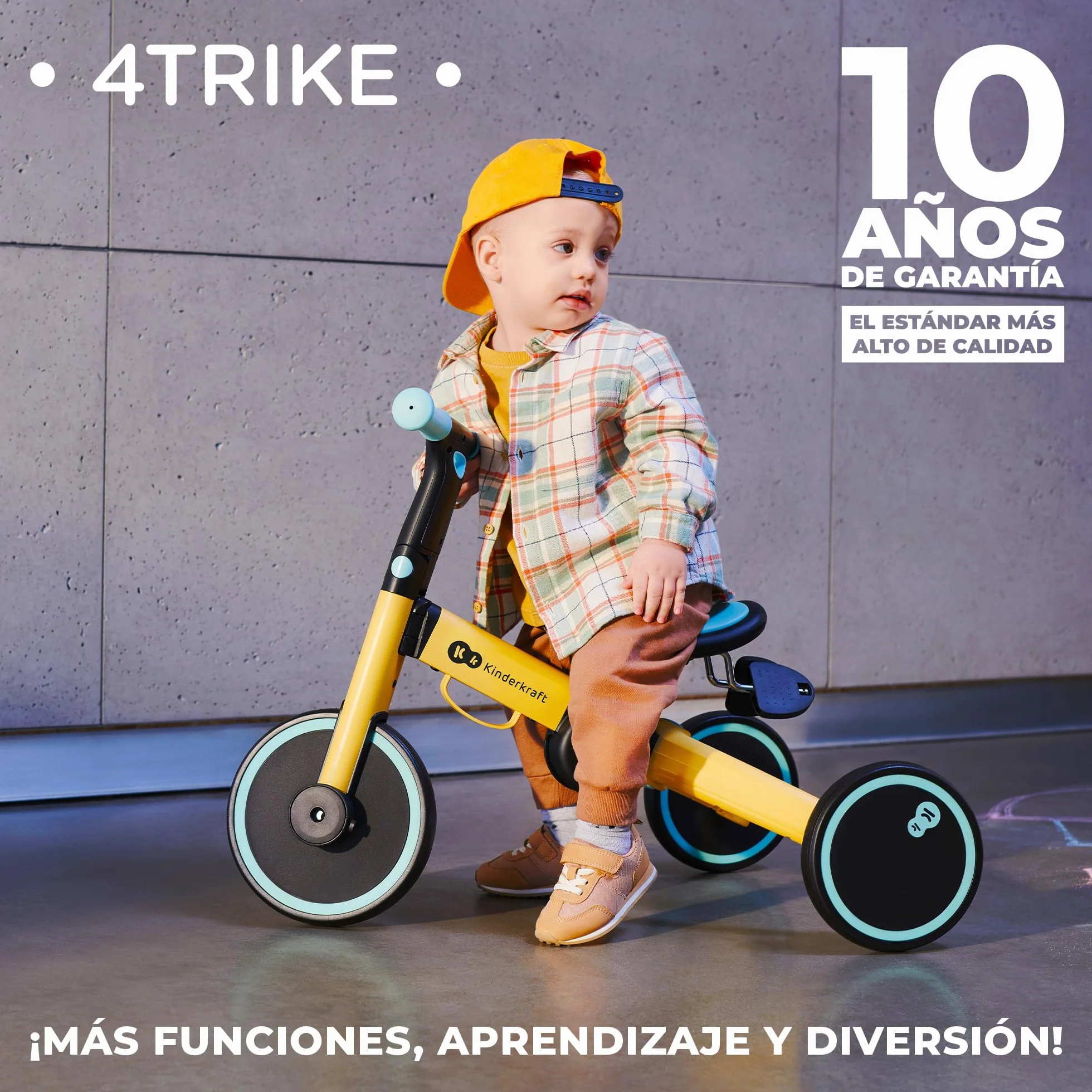 kk Kinderkraft, 4TRIKE Triciclo 3 en 1, Minibicicleta, Bicicleta sin Pedales, Bicicleta bebé, para niños, Minitriciclo de Equilibrio, Plegable, Asiento Ajustable, 12 meses - 5 años, 25 kg, Amarillo