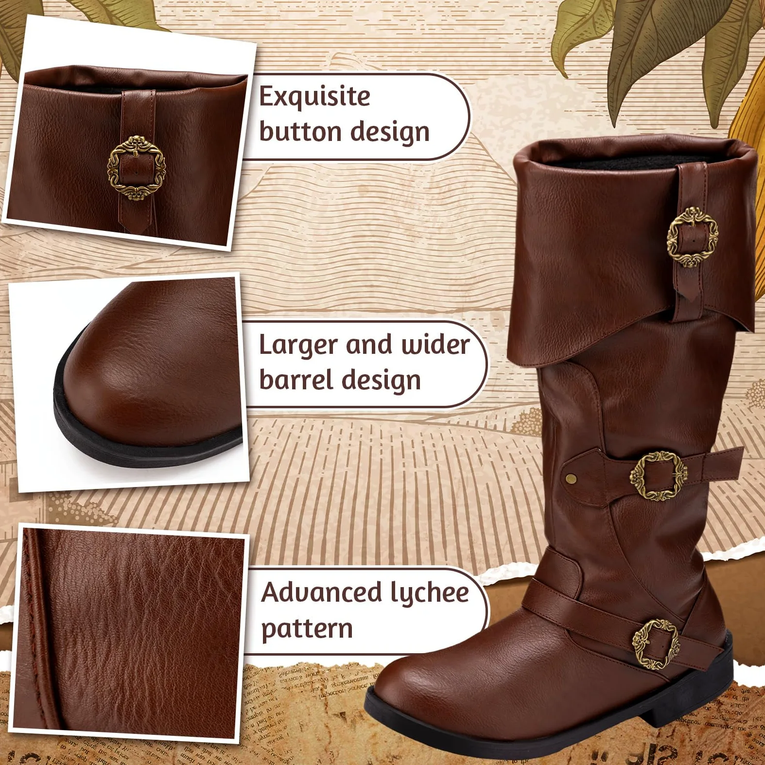 Cuffbow Botas de disfraz de pirata para hombre, medieval, renacentista, steampunk, para cosplay, Halloween, gótico, con botones, zapatos de piel