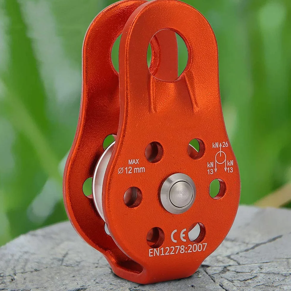Polea de Escalada 26 KN Bloque de Polea de Cuerdas de Aluminio Mini Rescate Simple para Cuerdas de 12mm (Naranja)