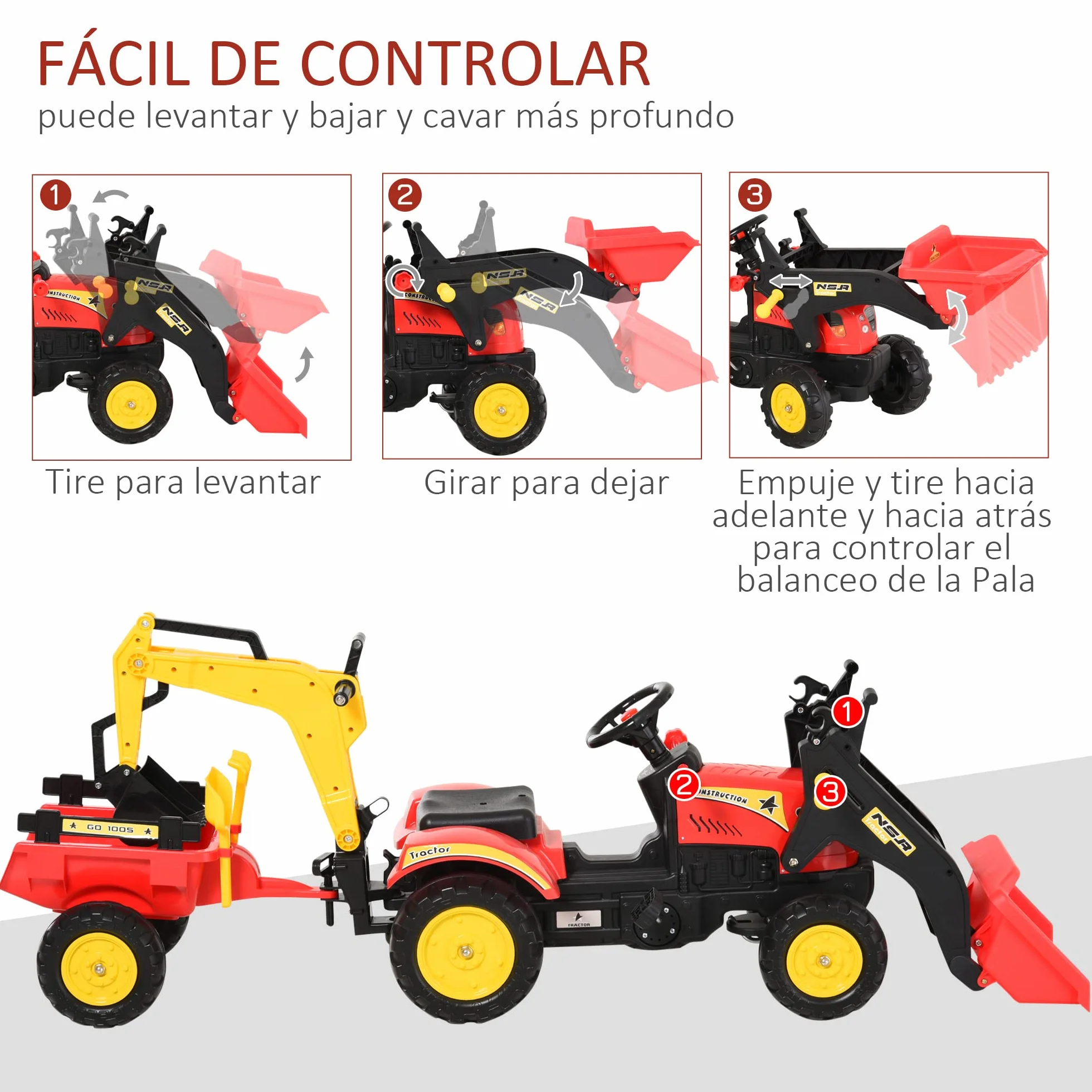 HOMCOM Tractor a Pedales con Remolque Excavador con Pala Frontal Juguete de Conducción para Mayores de 3 Años Dirección y Palas Fáciles de Controlar Soporta hasta 35 kg 179x42x59 cm Rojo