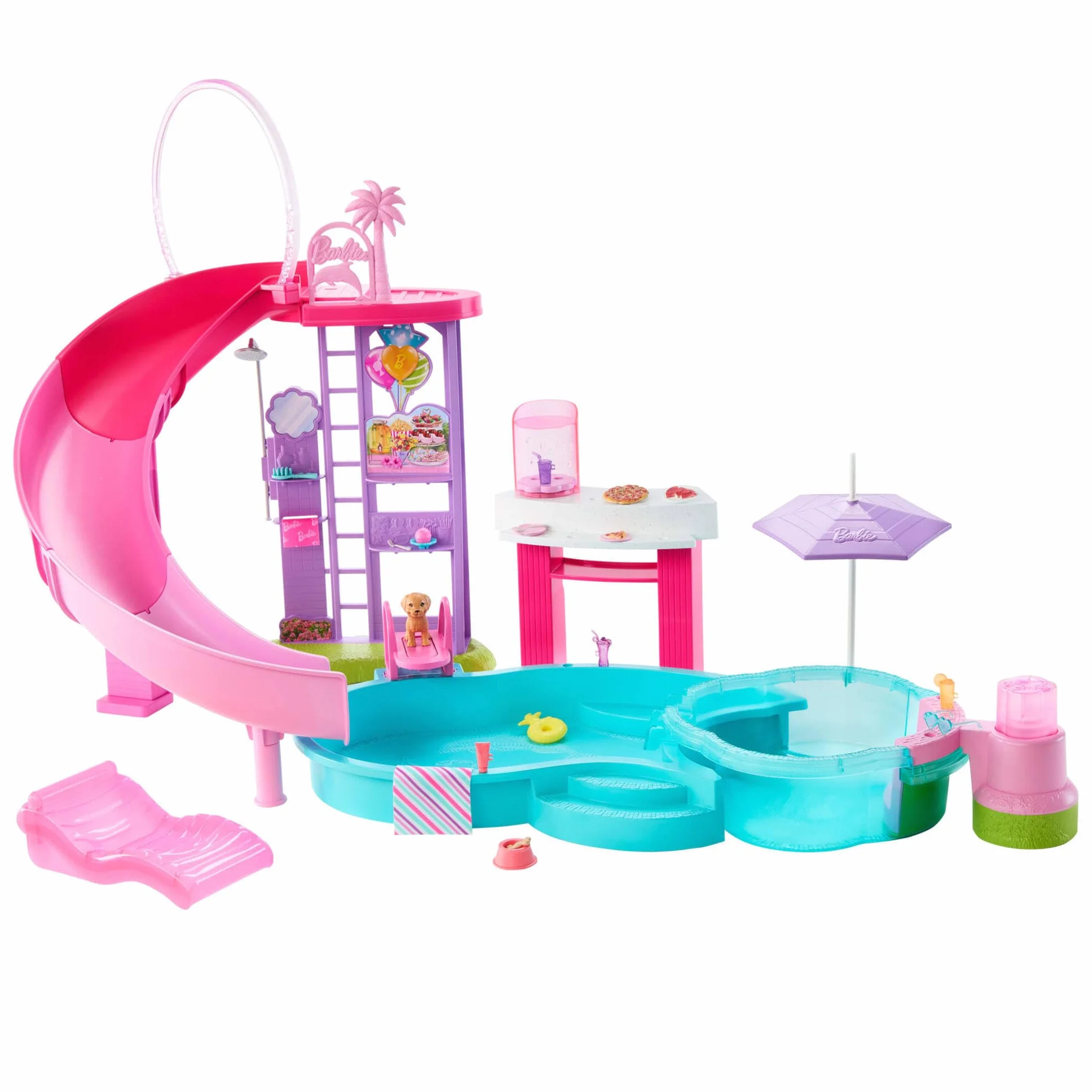 Barbie Piscina de ensueño Conjunto de Juego con 6 Zonas de Juego, Incluyendo un Jacuzzi con tobogán y Burbujas, además de más de 20 Accesorios como Mascotas, flotadores y Mucho más, JKG83