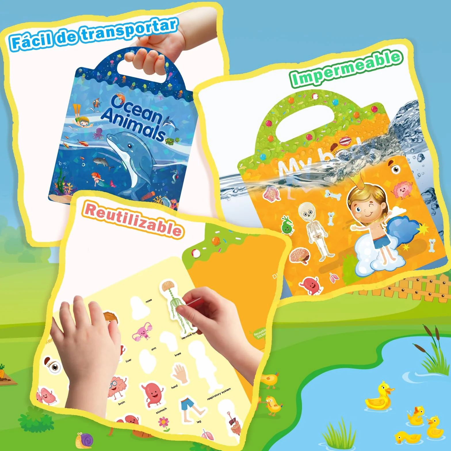 GUYUCOM Paquete de 4 libros de pegatinas reutilizables, juguetes para niños de 2, 3, 4 años, pegatinas 3D transparentes para granja de insectos oceánicos, juguete educativo, regalos de cumpleaños
