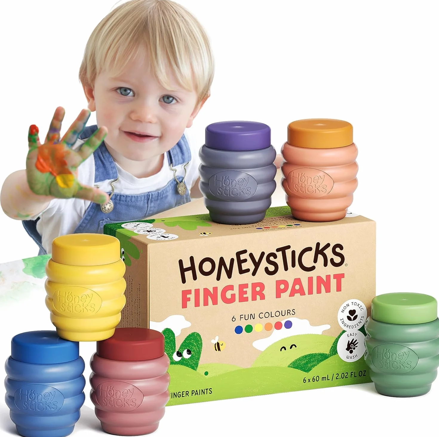 Honeysticks Pintura de Dedos para Niños y Bebés No Tóxica – Pinturas para Bebés y Niños de 1 a 5 Años a Base de Agua en 6 Colores Vivos - Seguras y Lavables de la Piel – Ecológica