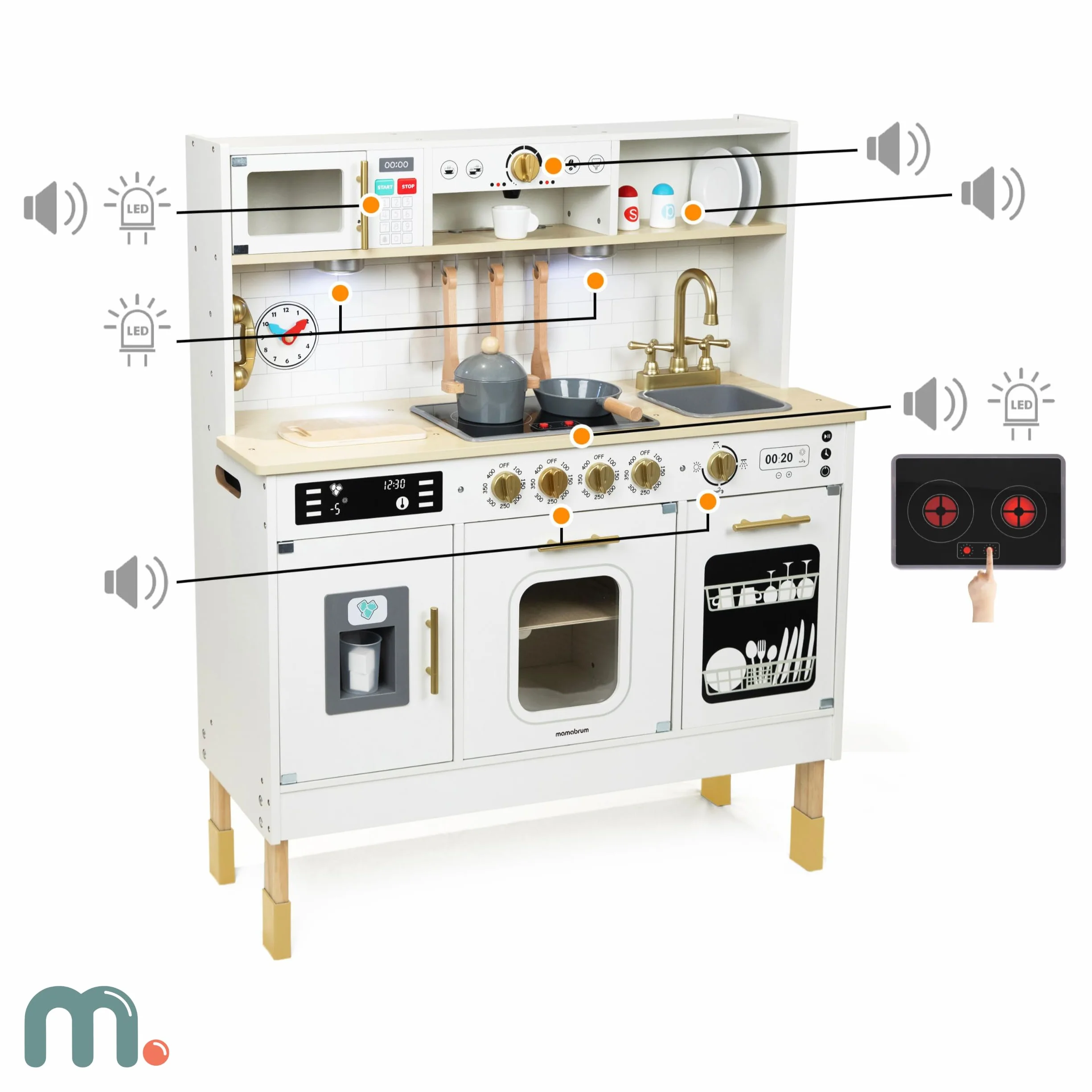 Mamabrum Cocina de Juguete para Niños de Madera con Luces LED - Juguetes Cocina Niños Interactiva con Altura Ajustable - Incluye Microondas, Lavavajillas y Accesorios - 104cm