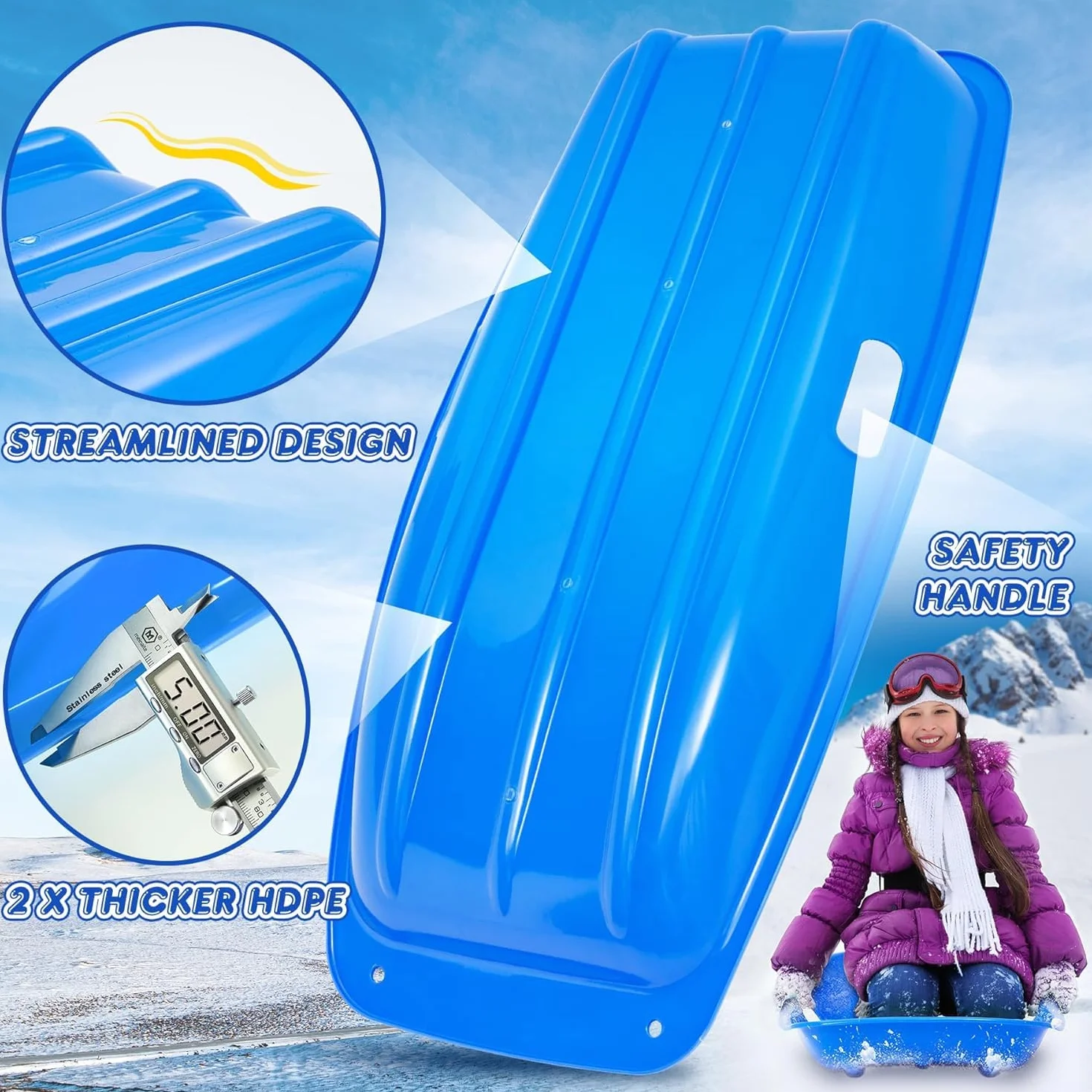 Trineo de Nieve de 2 Piezas Resistente con Cuerda de Tracción Capacidad 400 Libras para Adultos y Niños