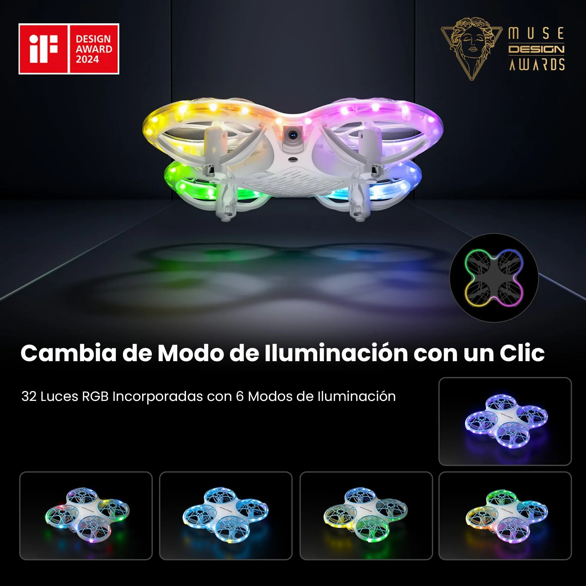 Ameta Morpho Dron para Niños con Camara 1080P, Mini Drone FPV con 32 Luces RGB/Vuelo en Círculo/ 3D Voltear/ 18min de Vuelo/Timbre Perdido, Juguetes Regalo para Niños Niñas, Menos de 250g