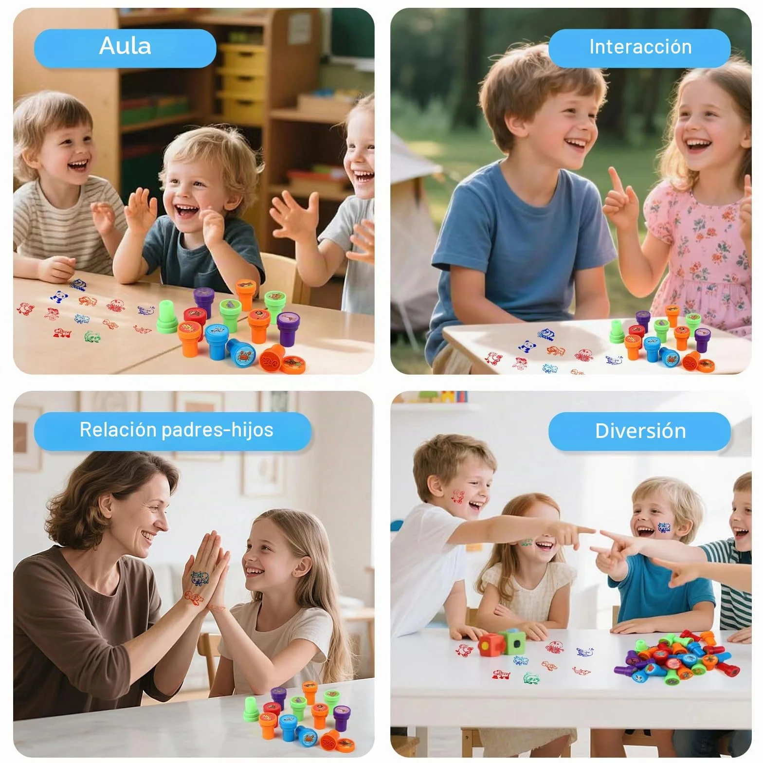 RMIVEGLIA Set de 30 Sellos Infantiles – Sellos para Niños Autotintables con Dibujos de Animales, de Plástico en 5 Colores, Regalos Cumpleaños Niños Colegio, Detalles para Fiestas.