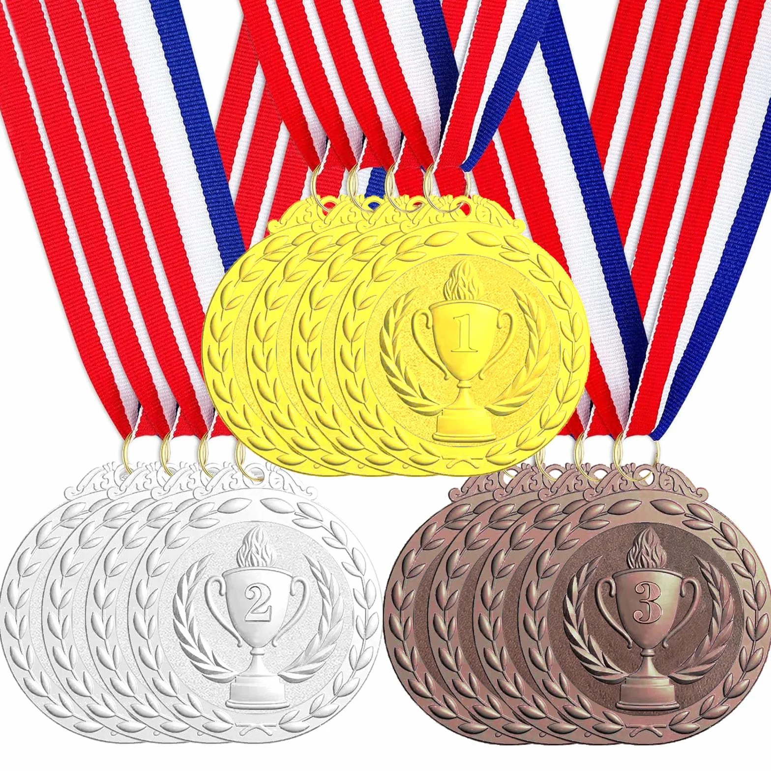 Medallas de premio bronce plateado dorado con cintas para el cuello, paquete de 12 para niños competiciones fiestas deportes