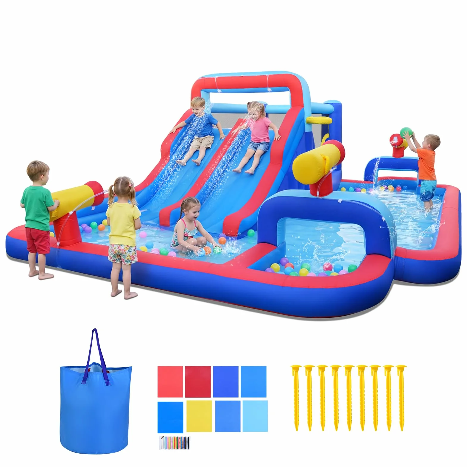 GOPLUS Castillo Hinchable, Castillo Inflable 2 en 1 con Pared de Escalada, Cañones, Piscina de Chapoteo y Tobogán Acuático, Casa de Saltos Infantil para Interior y Exterior, Soplador No Incluido