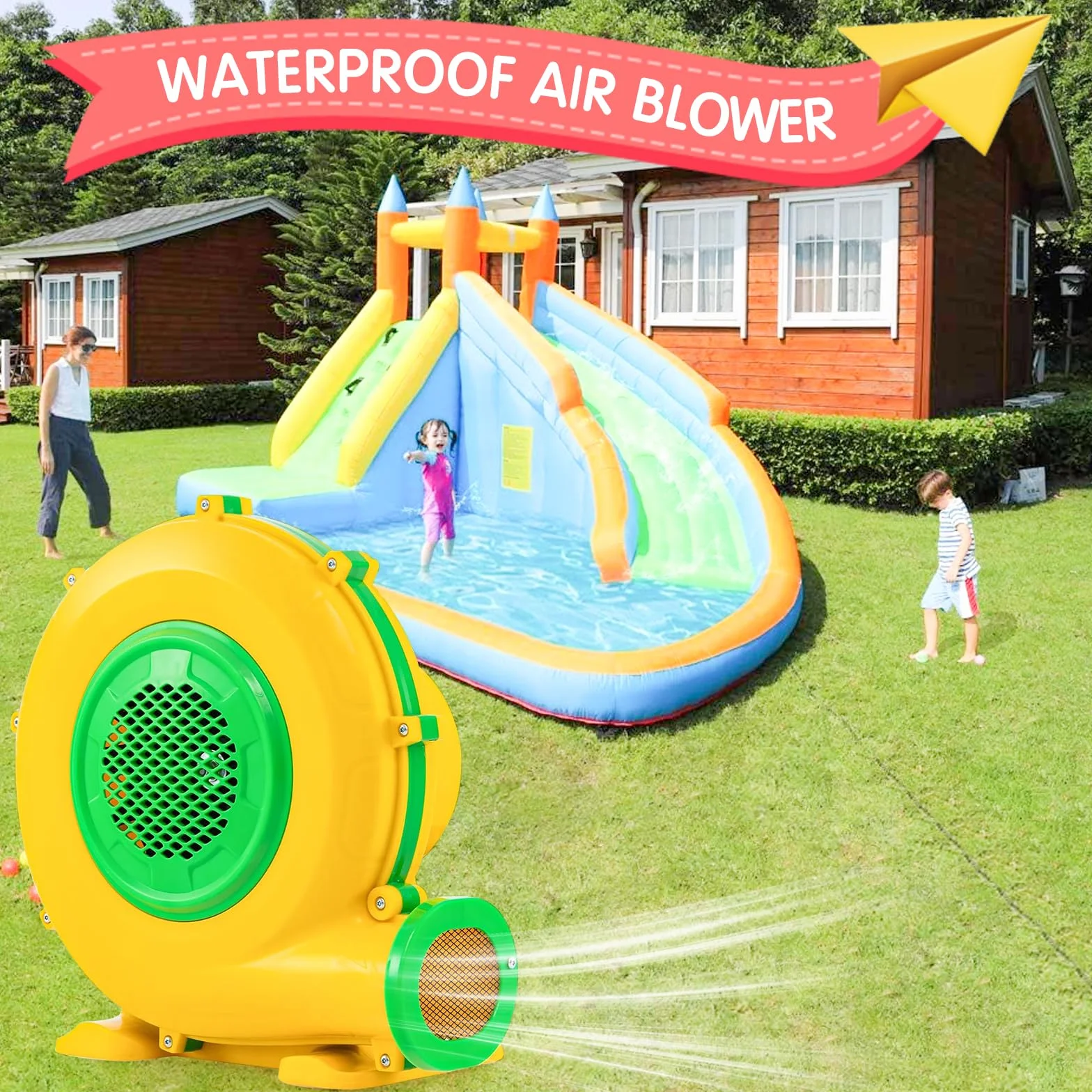 750W Soplador Eléctrico y Bomba de Aire con Mango y Estacas, Ventilador de Extracción Comercial para Castillo Hinchable, Castillo Inflable, Tobogán de Agua
