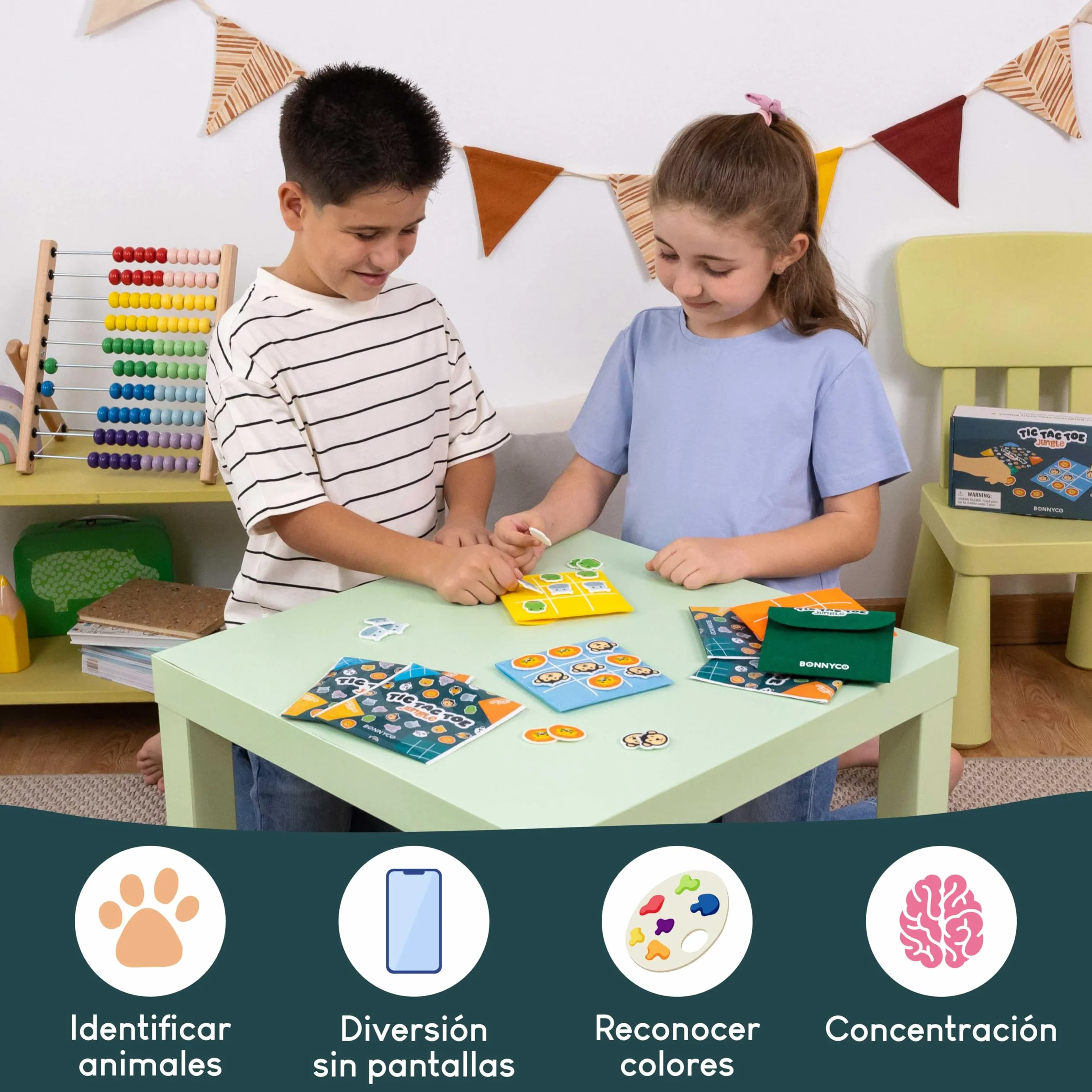 BONNYCO Tres en Raya Niños Animales, Pack 16 Regalos Cumpleaños Colegio, Mini Juegos 3 en Raya