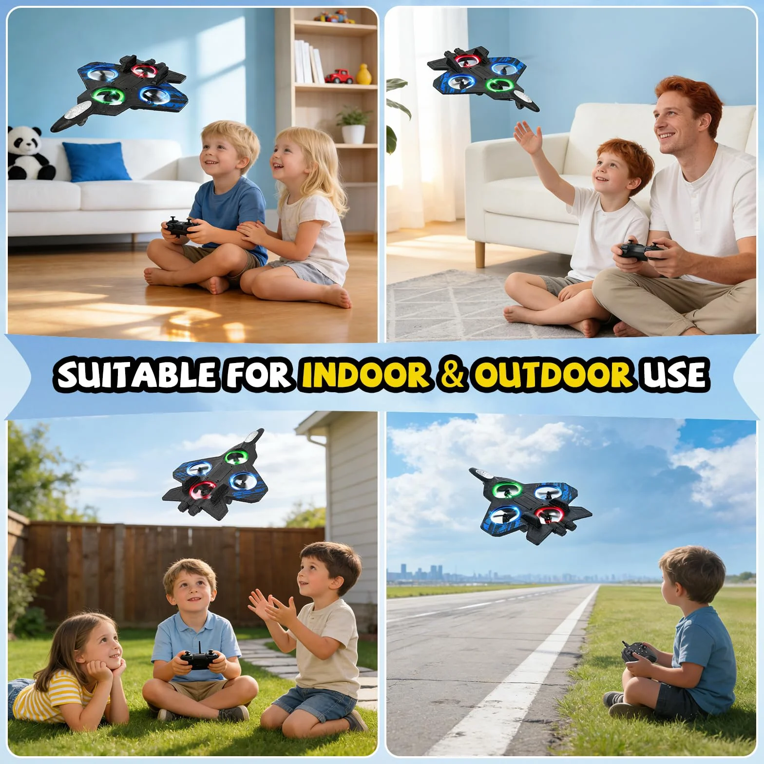 Avión de control remoto, doble control (mando a distancia y mando a mango), RC Avión 360° Rotación, 3 velocidades, con luz LED y hélice de repuesto, avión exterior para niños (azul)