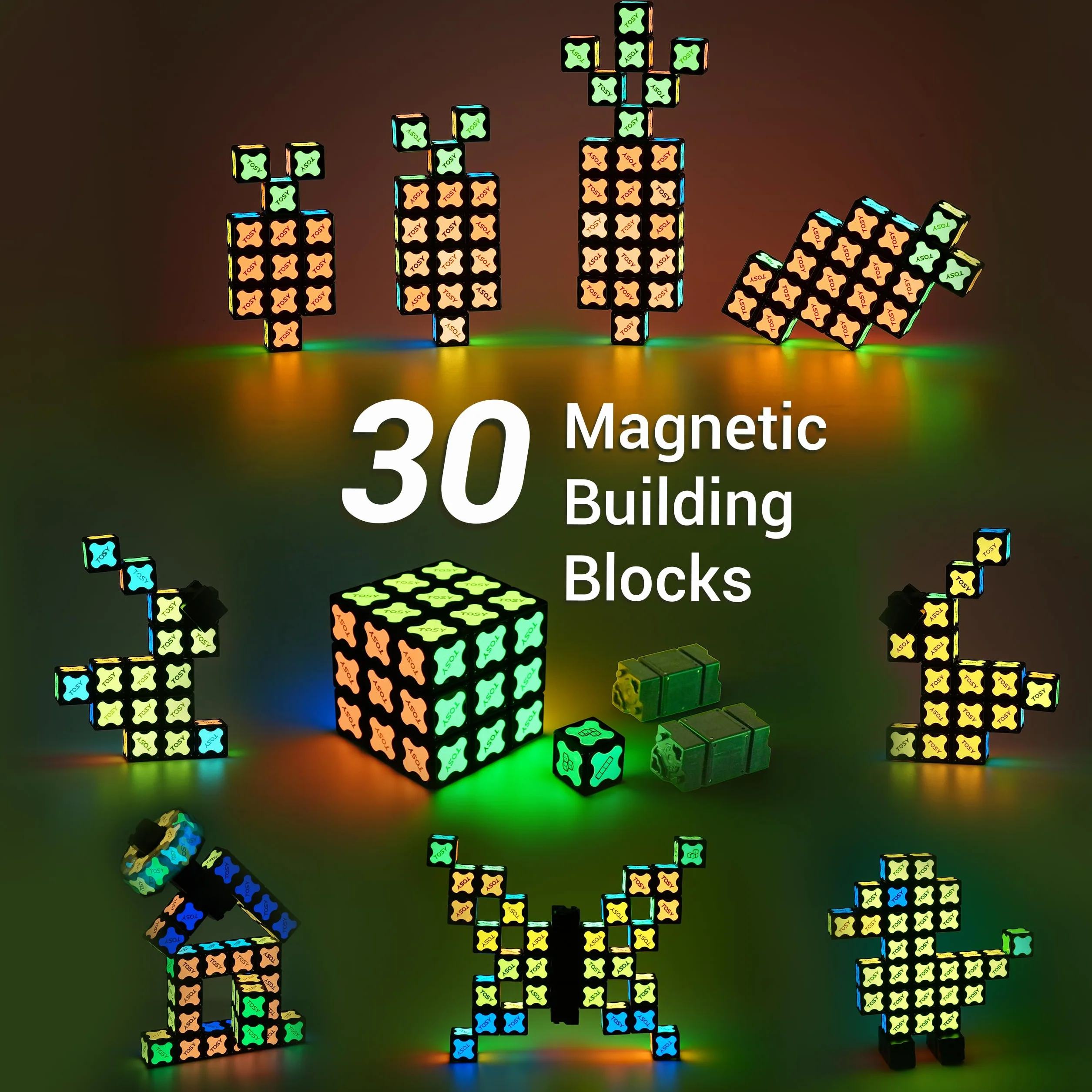 TOSY Magnet Cube 3x3 - 30 Bloques, Multiusos: Bloques de construcción creativos, Fidget Spinner transformable, Rompecabezas/Cubo Infinito, Regalo de Pascua para niños, Juguete Stem Brillante