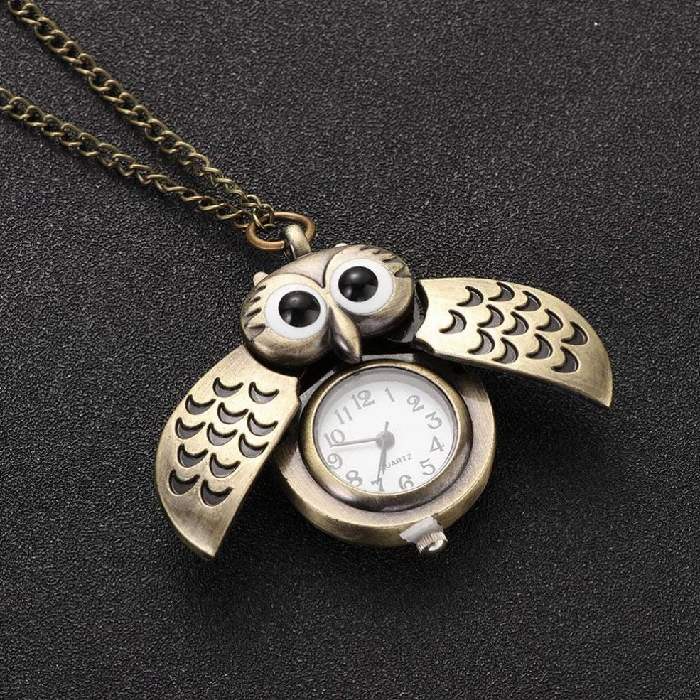 Búho Reloj de Bolsillo Vintage Retro Bronce Steampunk Locket Colgante Cadena Larga