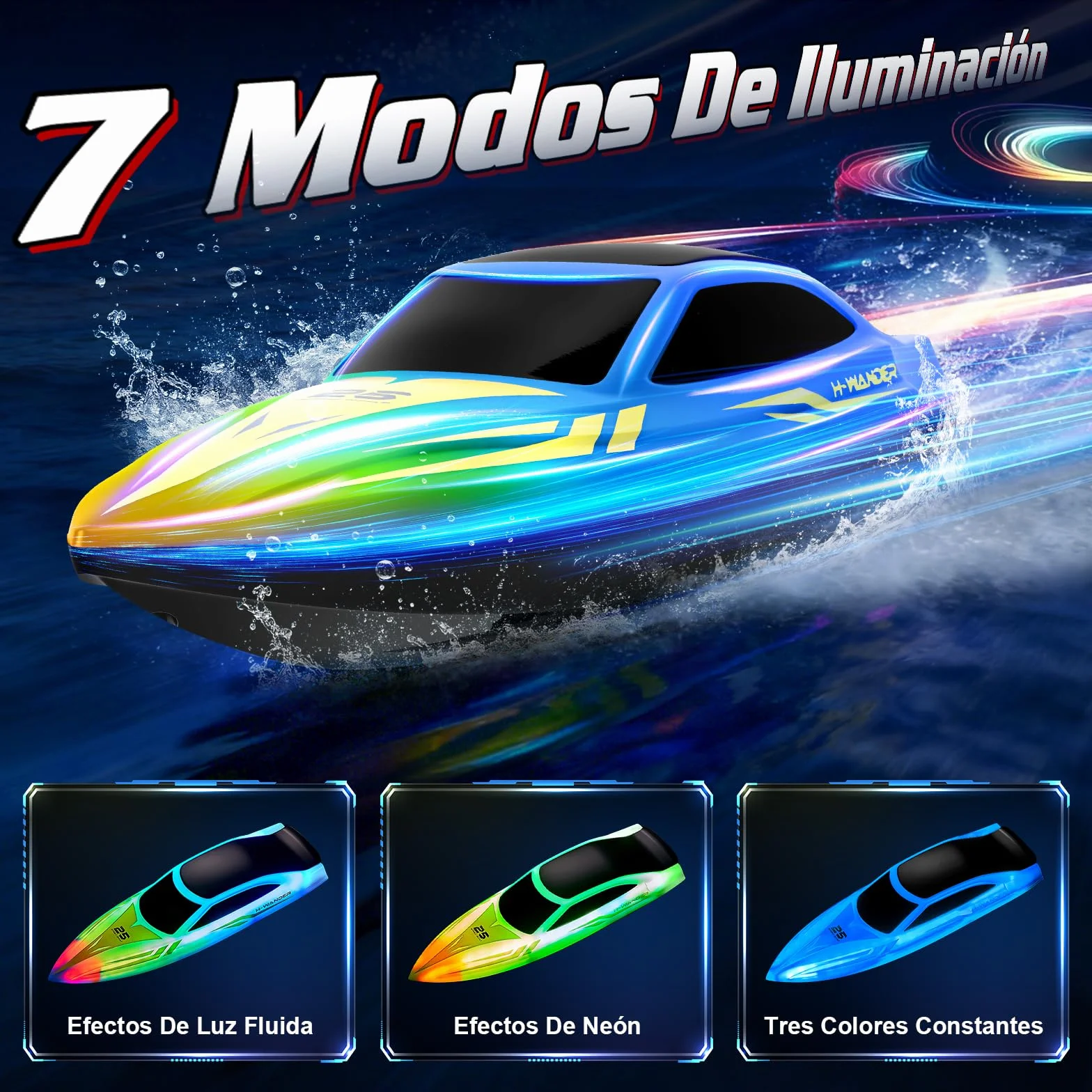 FORMIZON Barco Teledirigido, 2.4GHz Lancha Teledirigida con 7 Modos de Luces LED, 15 km/h Barco RC para Piscinas, más de 120 Minutos, Barcos Teledirigidos Juguetes de Piscina para niños (Azul)