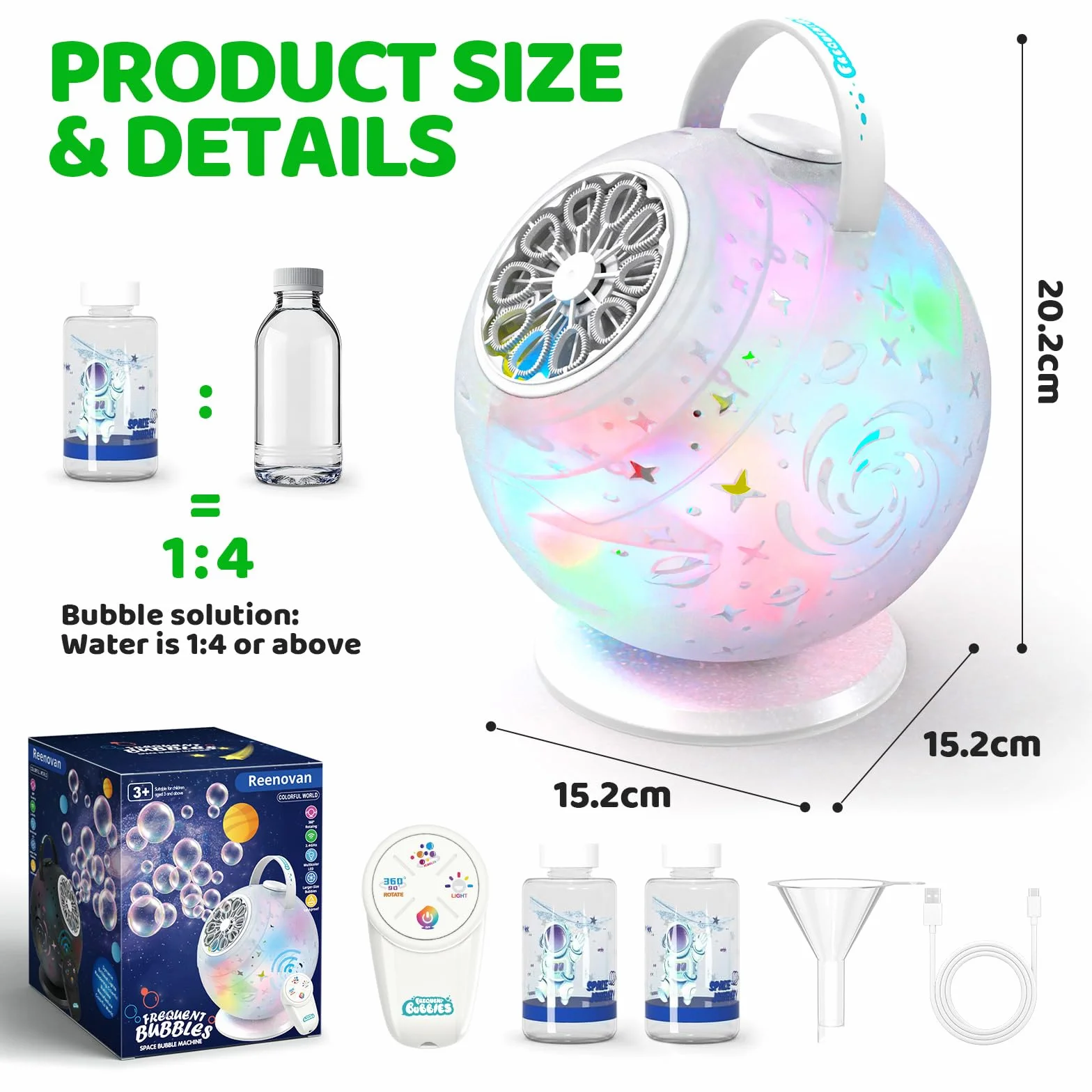 Tecnock Máquina de Burbujas Recargable con Mando a Distancia, Rotación 90°/360°, 20000+ Burbujas/Min, Luces LED de 7 Colores, Batería 1200 mAh, 45 Min de Autonomía, USB-C, para Niños, Fiestas y Bodas