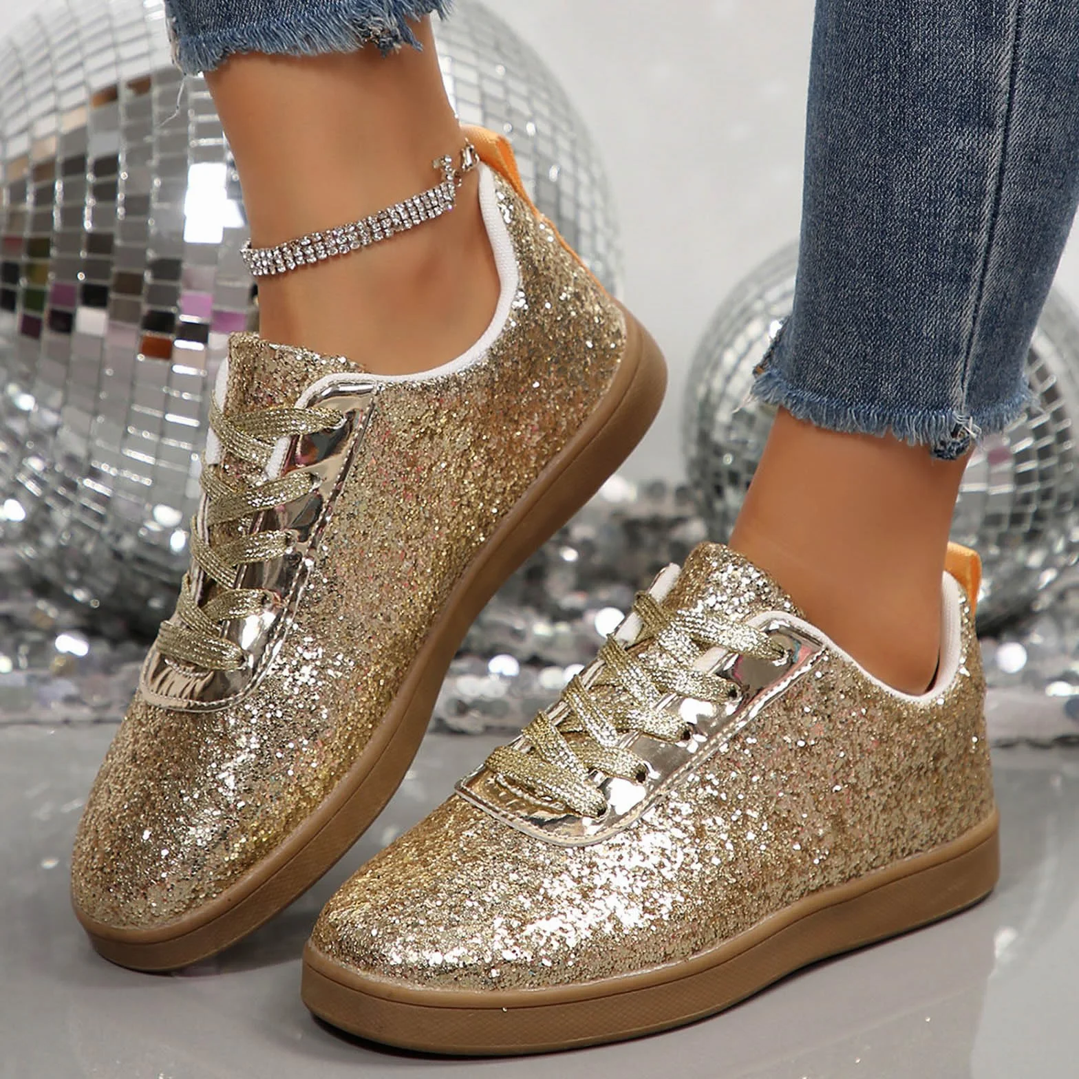Zapatillas para mujer, zapatos planos con purpurina, transpirables, ligeros, con cordones